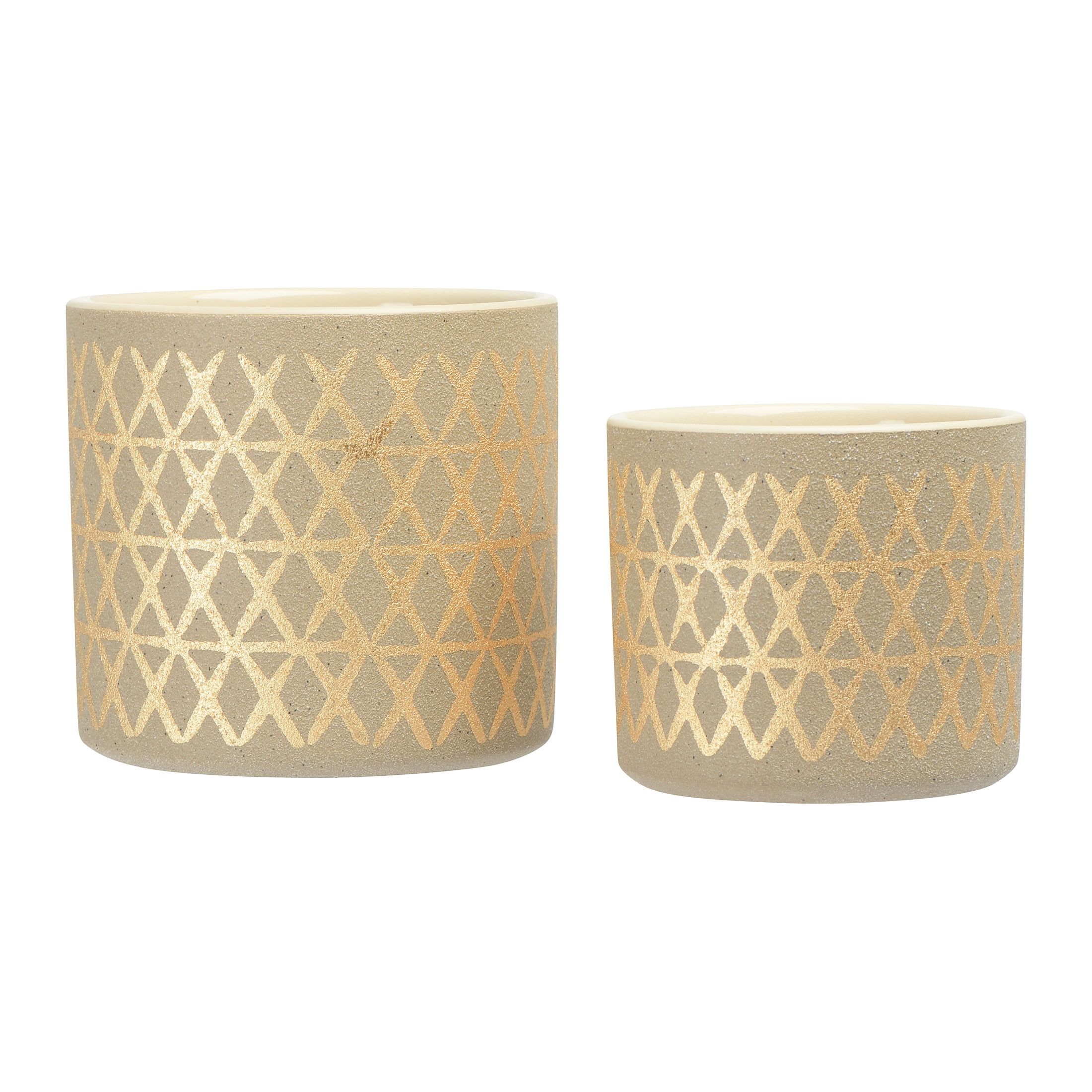 Taupe Stoneware Pots with Gold Pattern, Set of 2