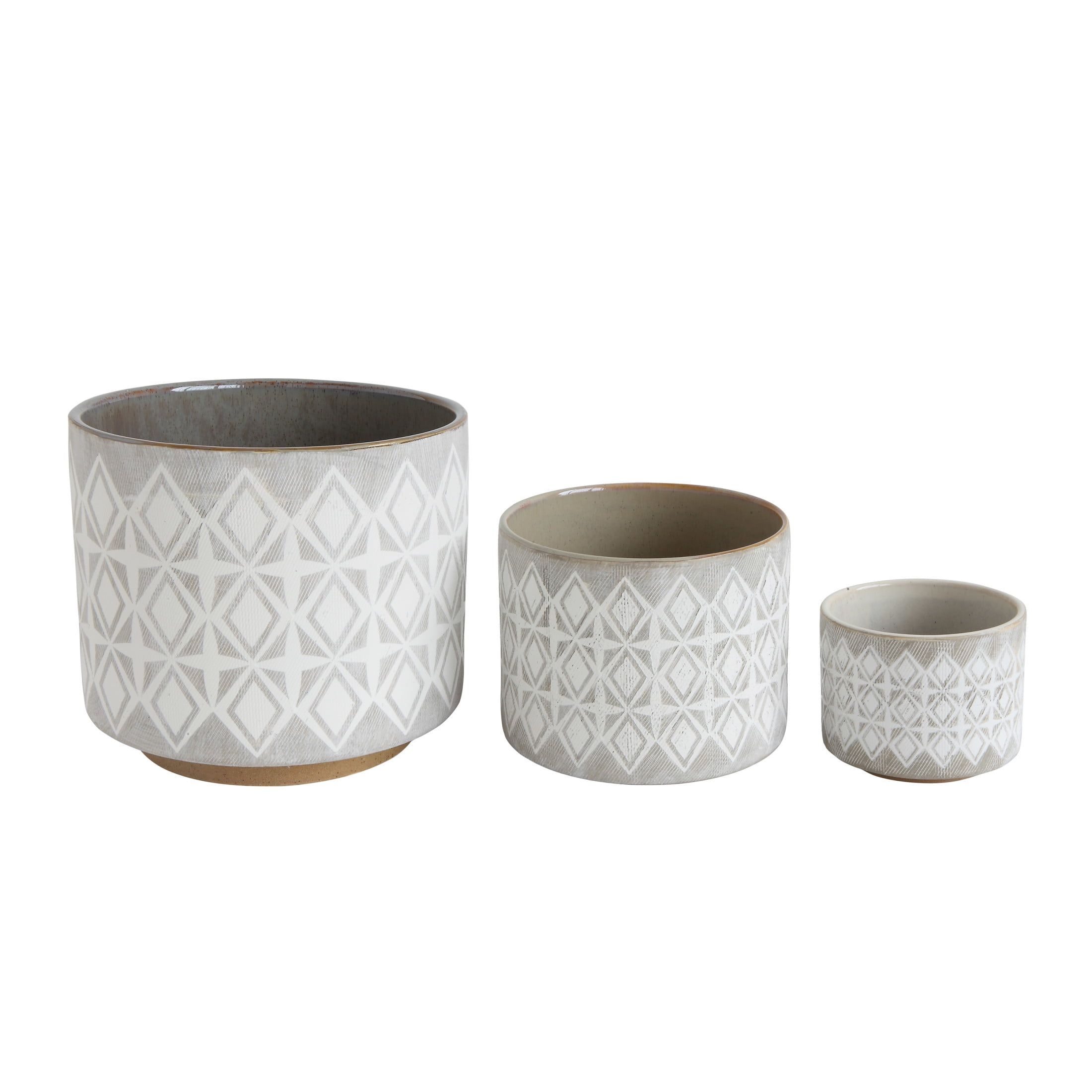 Set of 3 White and Grey Geometric Stoneware Planters