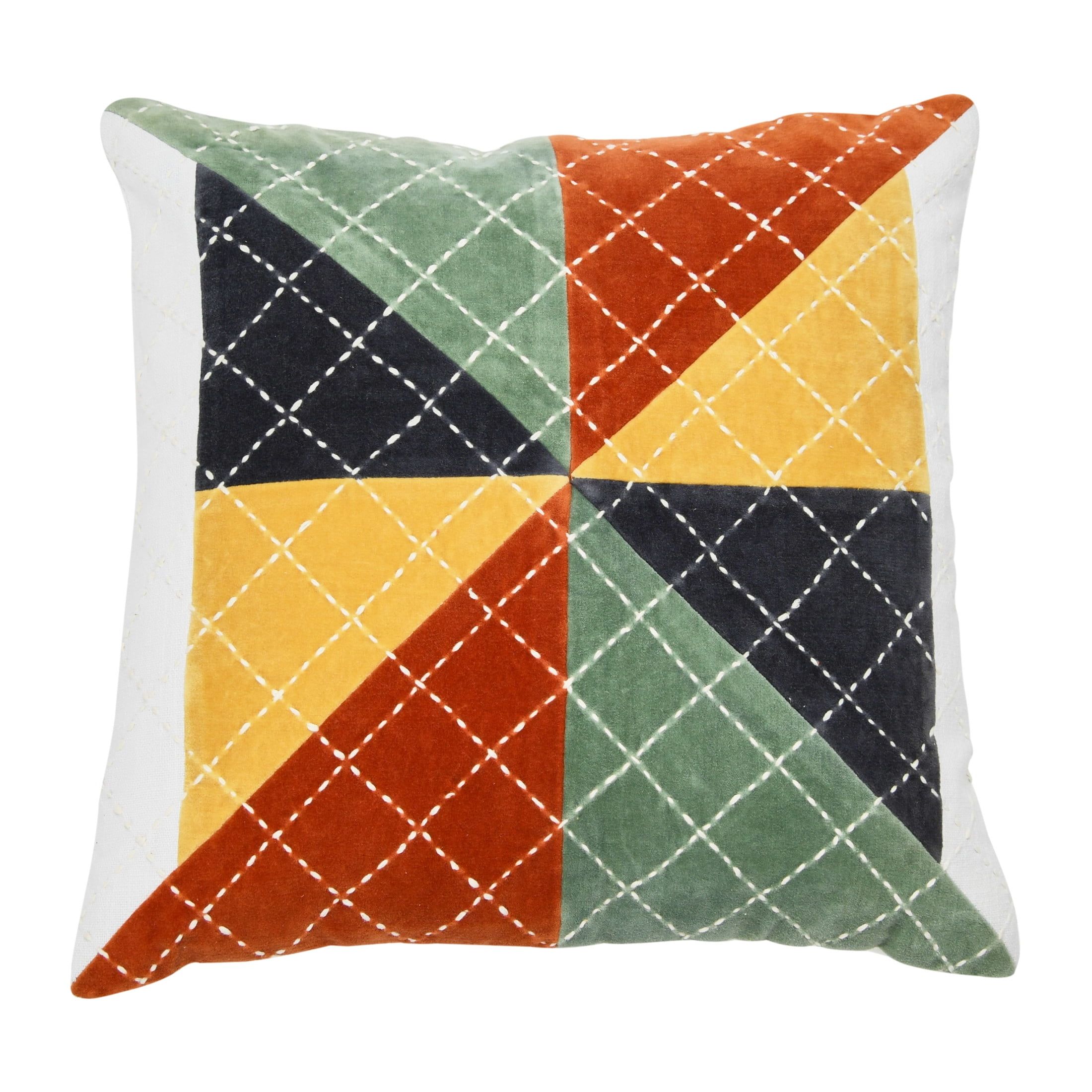 Multicolor Velvet Patchwork Kantha Stitch Square Pillow