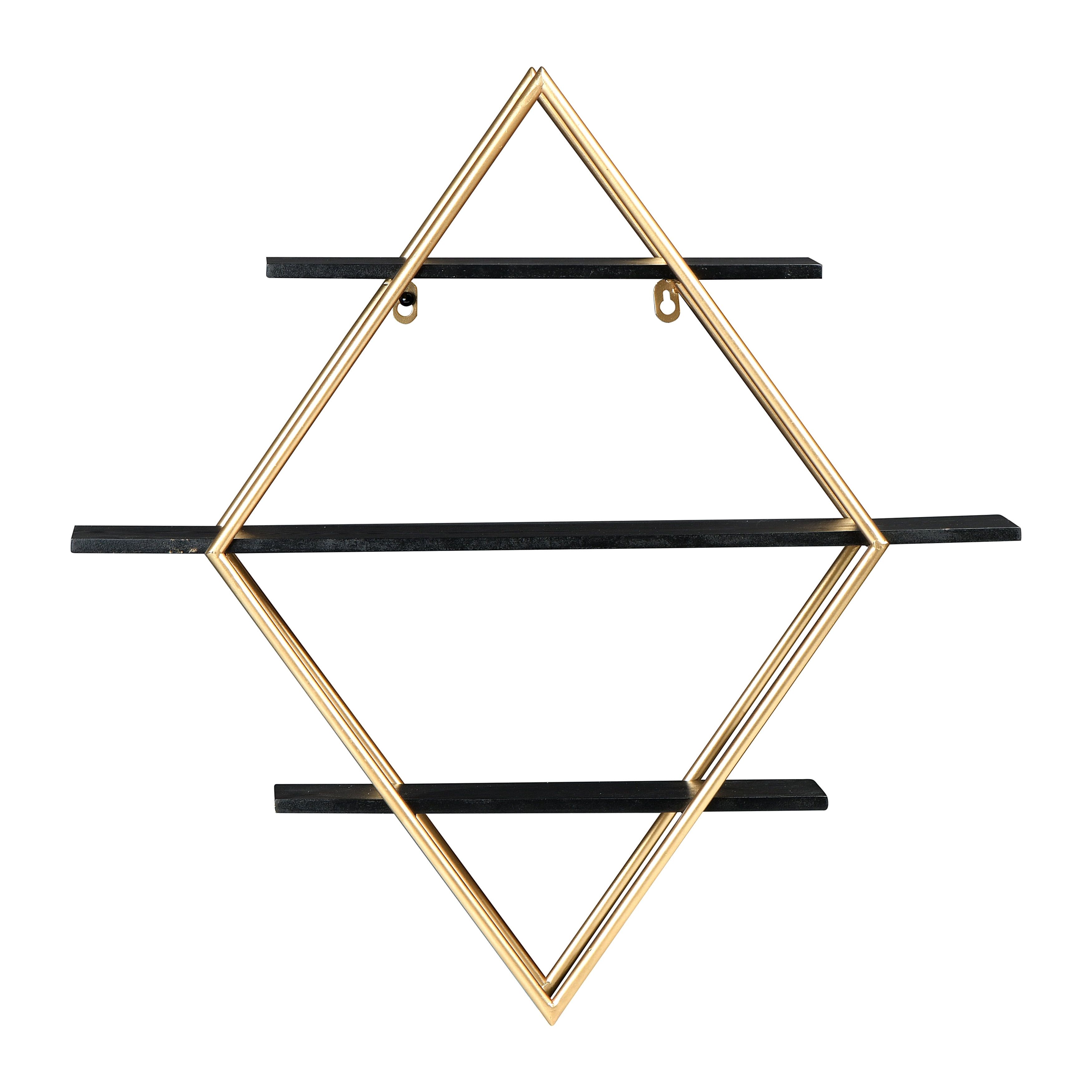 Espresso Black Wood and Gold Iron Diamond Wall Shelf, 23.5"