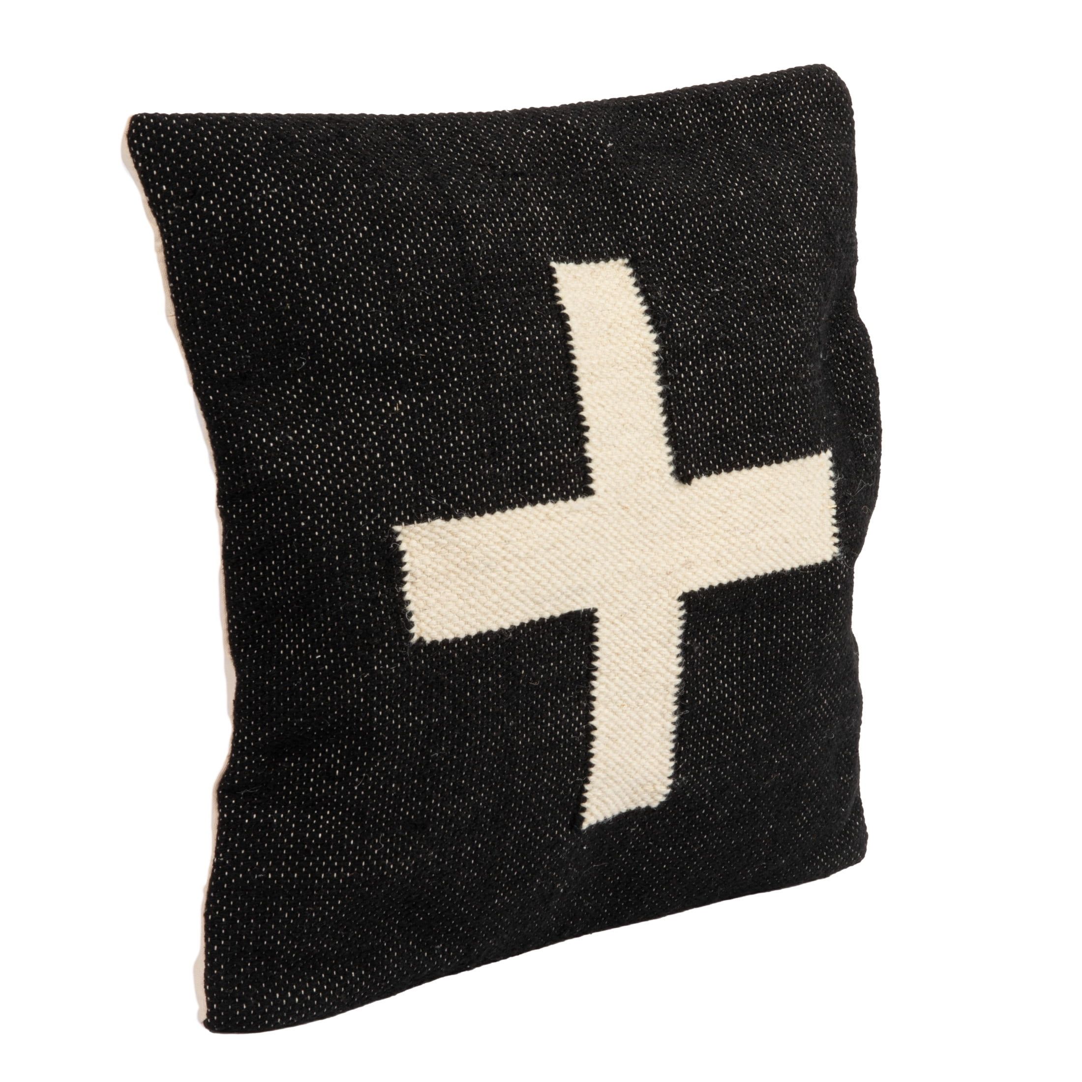 Black and Cream Wool Blend Swiss Cross Pillow