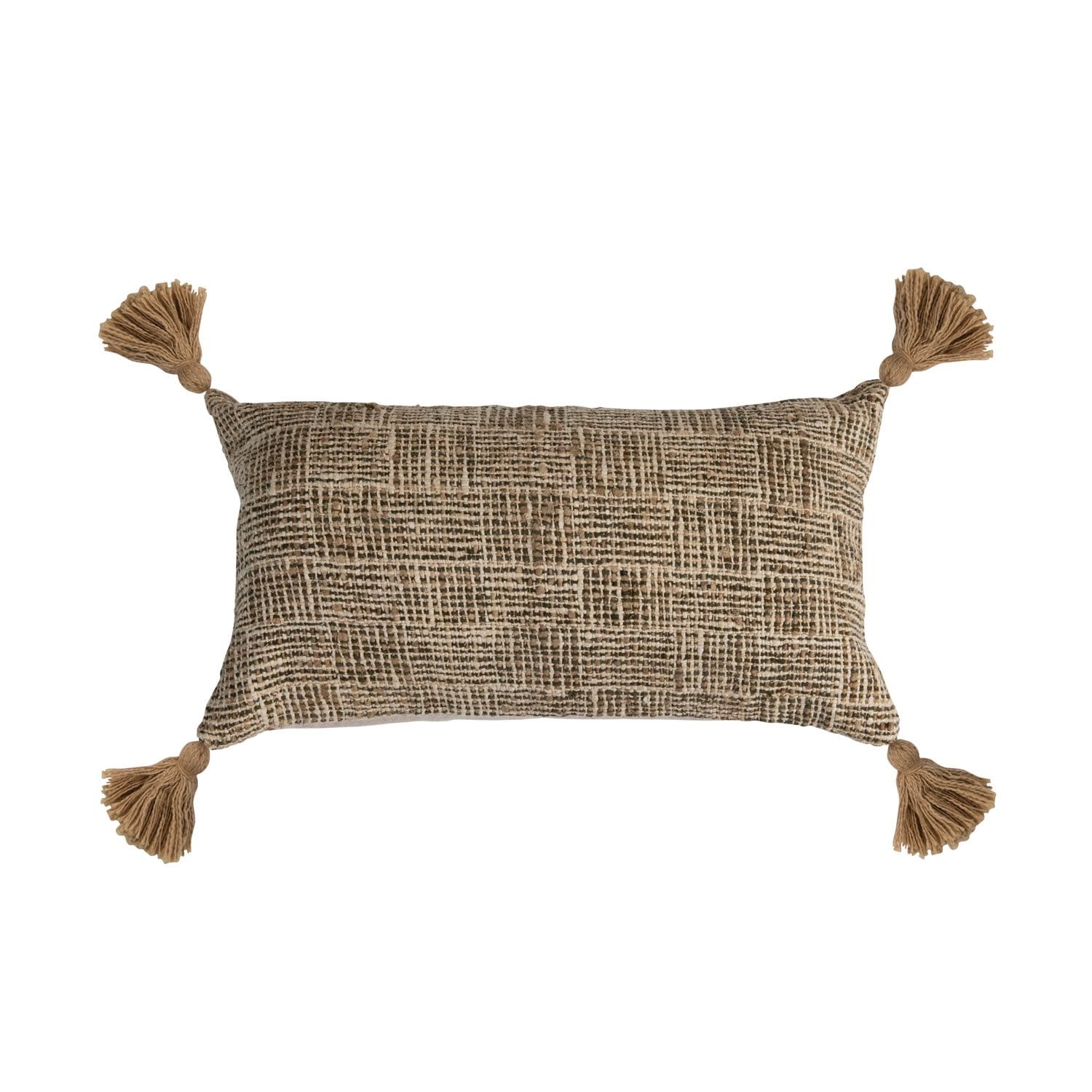 Woven Cotton Blend Lumbar Pillow with Tassels and Chambray Back