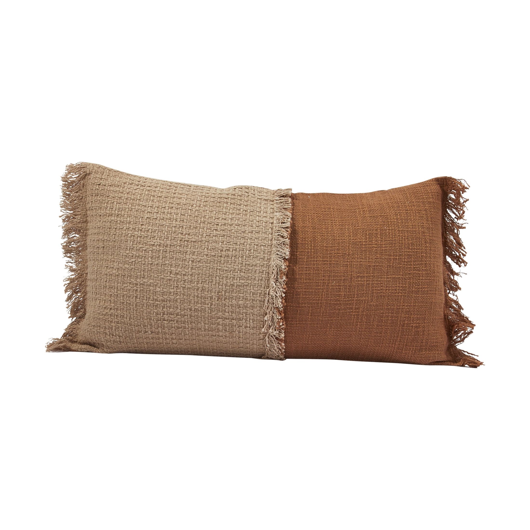 Woven Cotton Beige and Brown Lumbar Pillow with Fringe