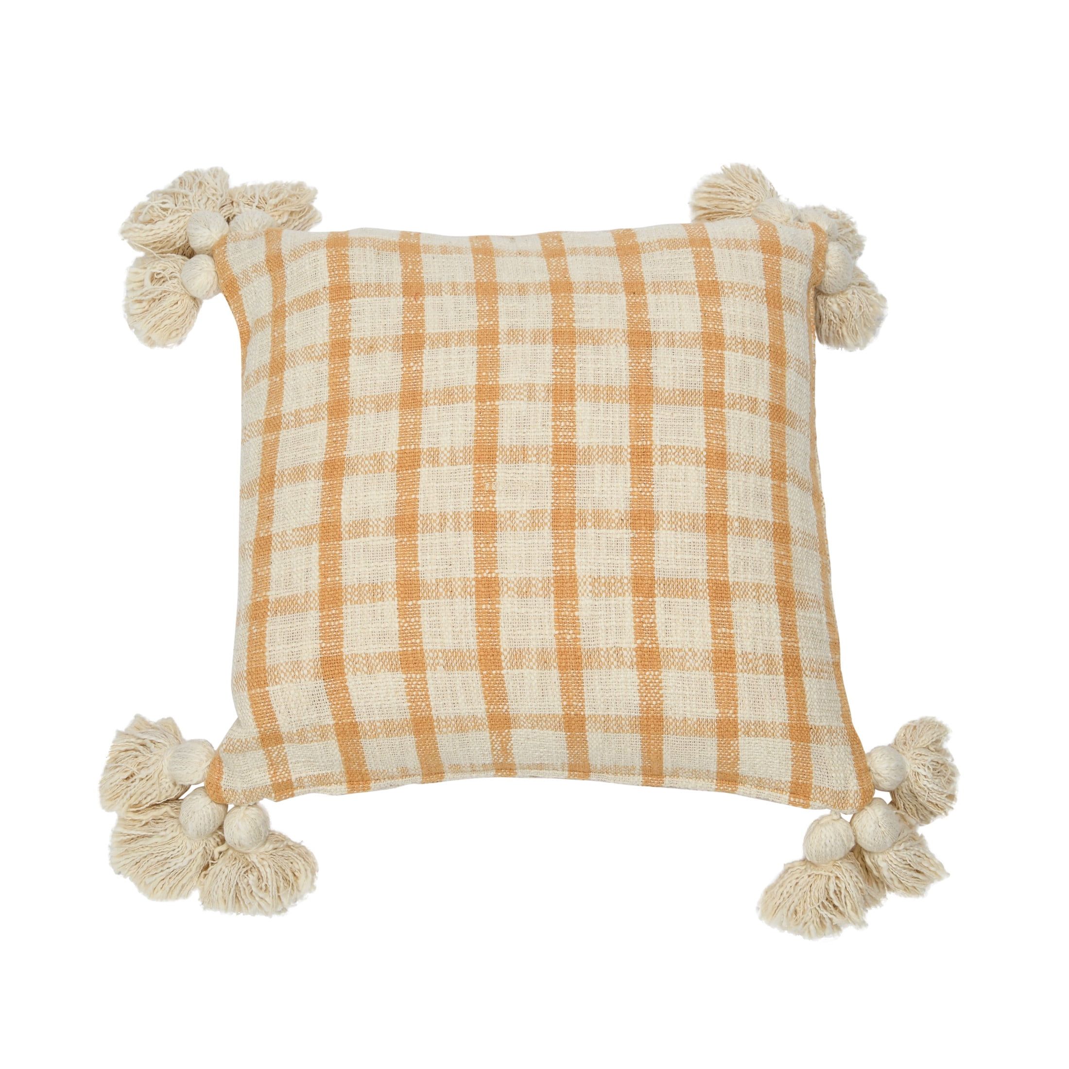 Mustard and Cream Plaid Cotton Pillow with Tassels