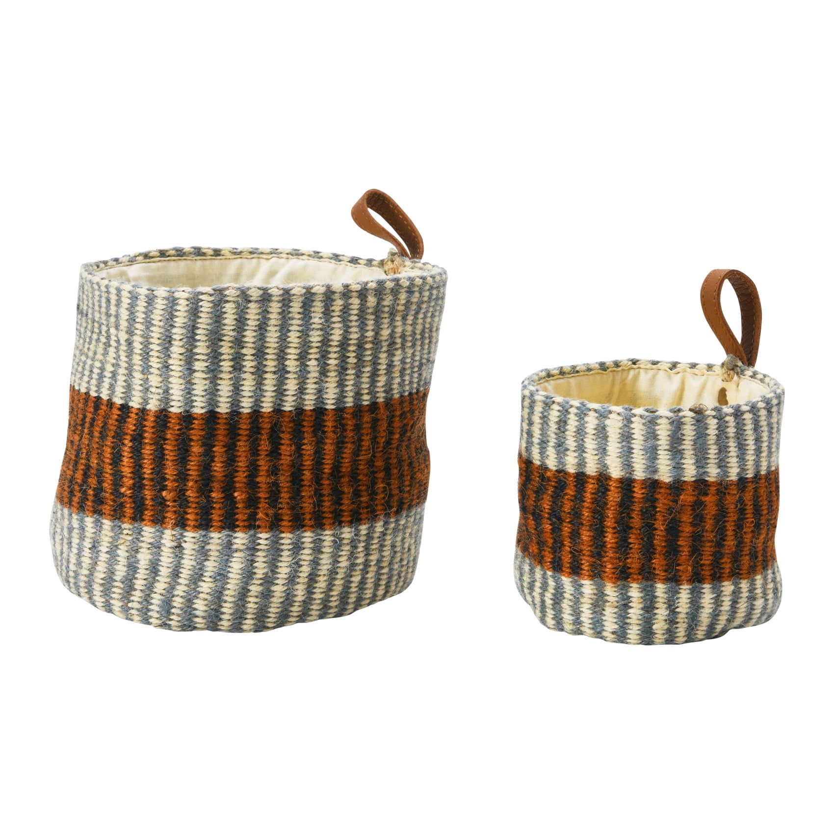 Cream and Rust Striped Round Jute Storage Baskets with Leather Handles, Set of 2