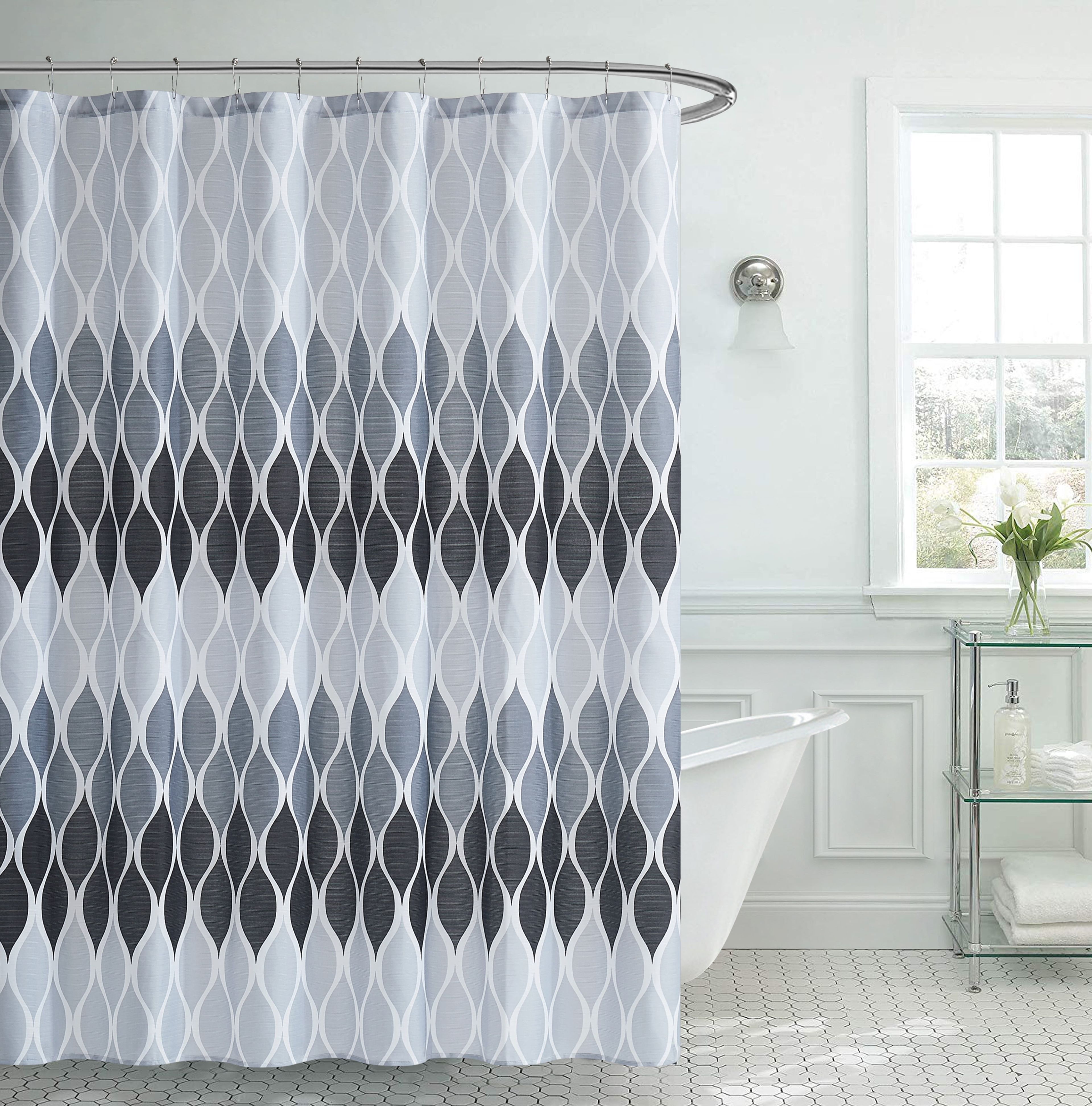 Clarisse Black and White Faux Linen Shower Curtain Set, 70" x 72"