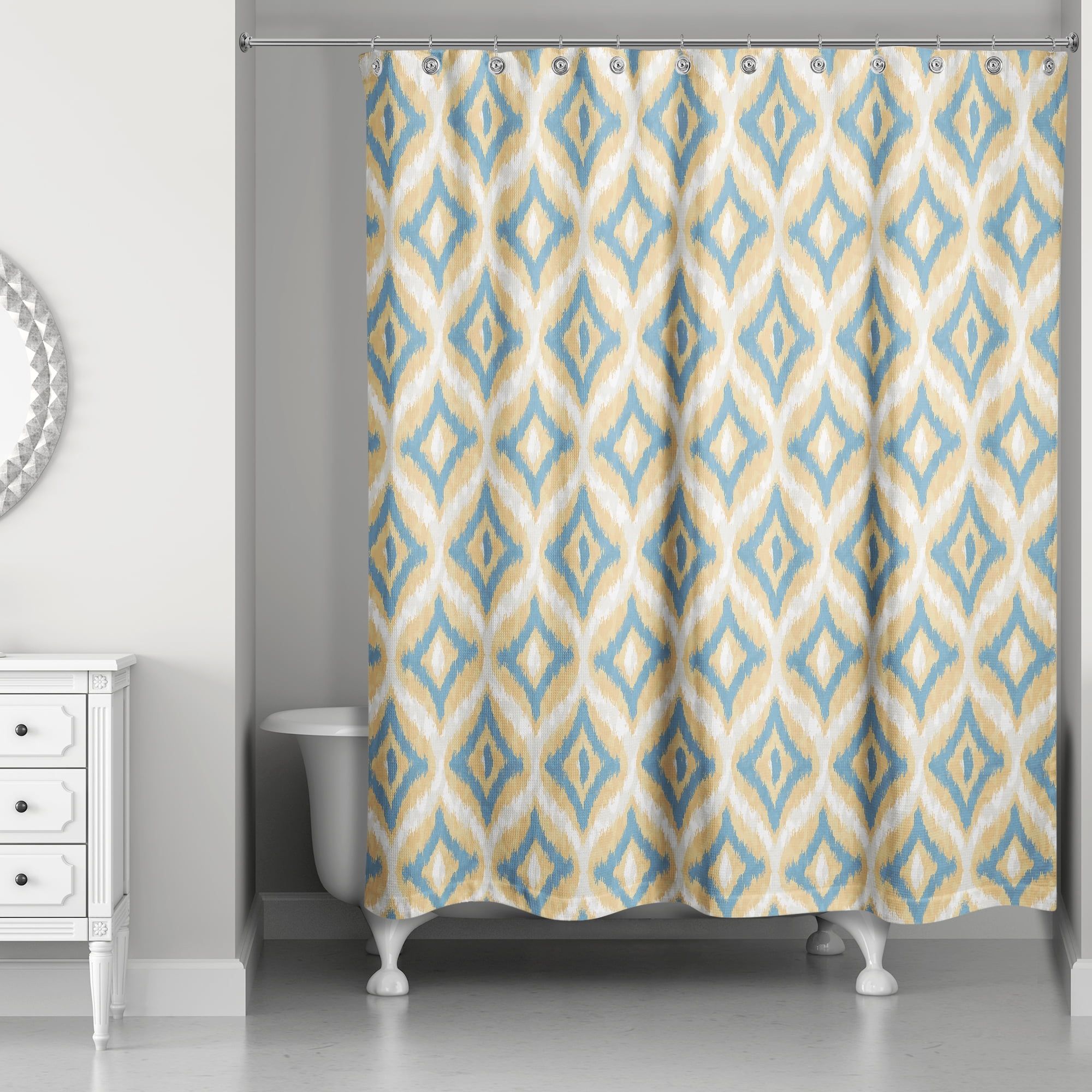 Blue and Yellow Ikat Polyester Shower Curtain with Liner