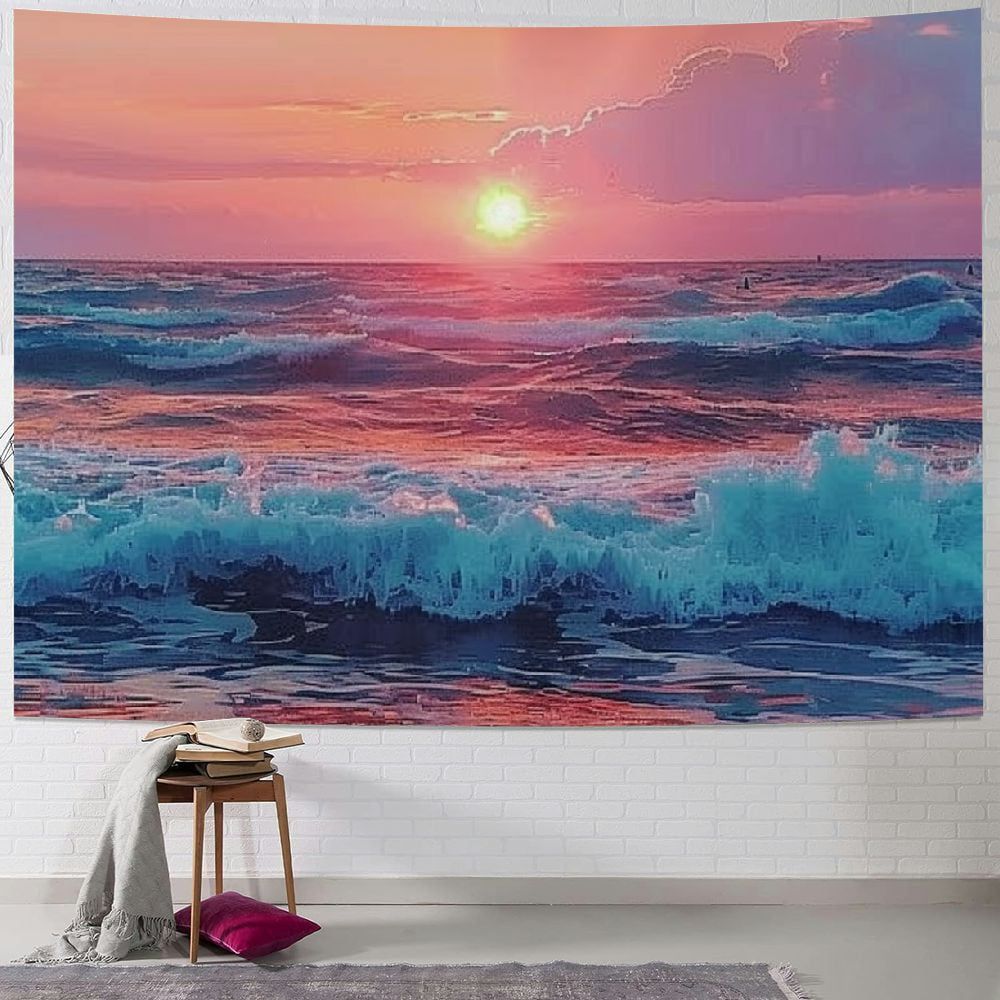 Sunset Ocean Wave Tapestry Wall Hanging, 60x82.7 Inch