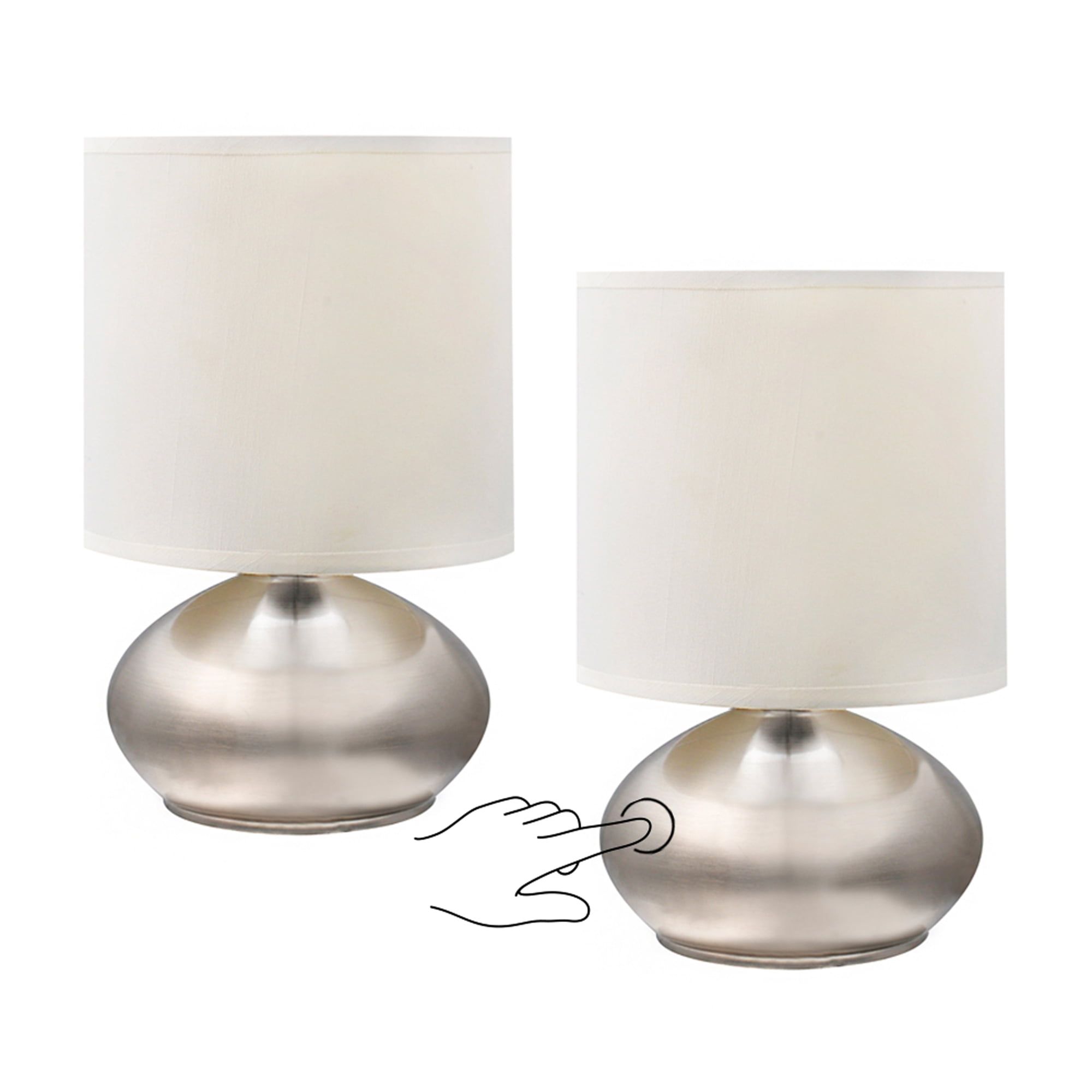 Brushed Steel Touch Table Lamp Set with White Shades