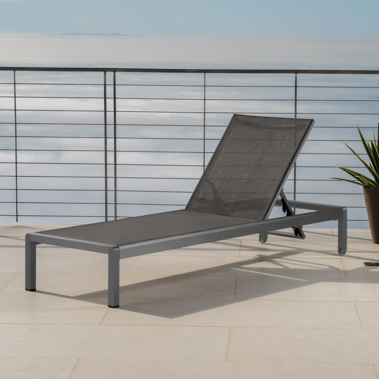 Gray Aluminum Outdoor Chaise Lounge with Dark Mesh Seat, Set of 2