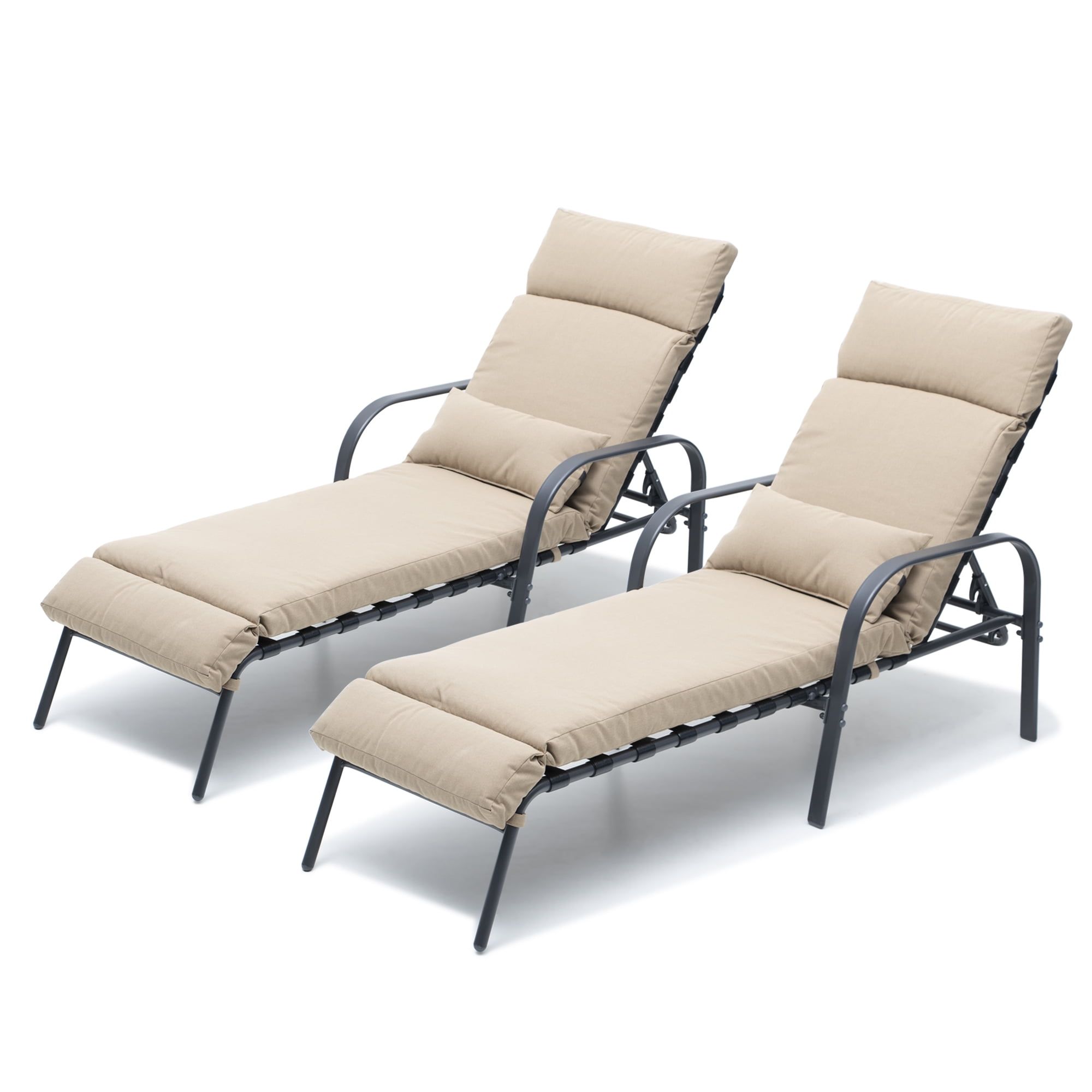 Tan Steel Frame Adjustable Outdoor Chaise Lounge Set with Cushions