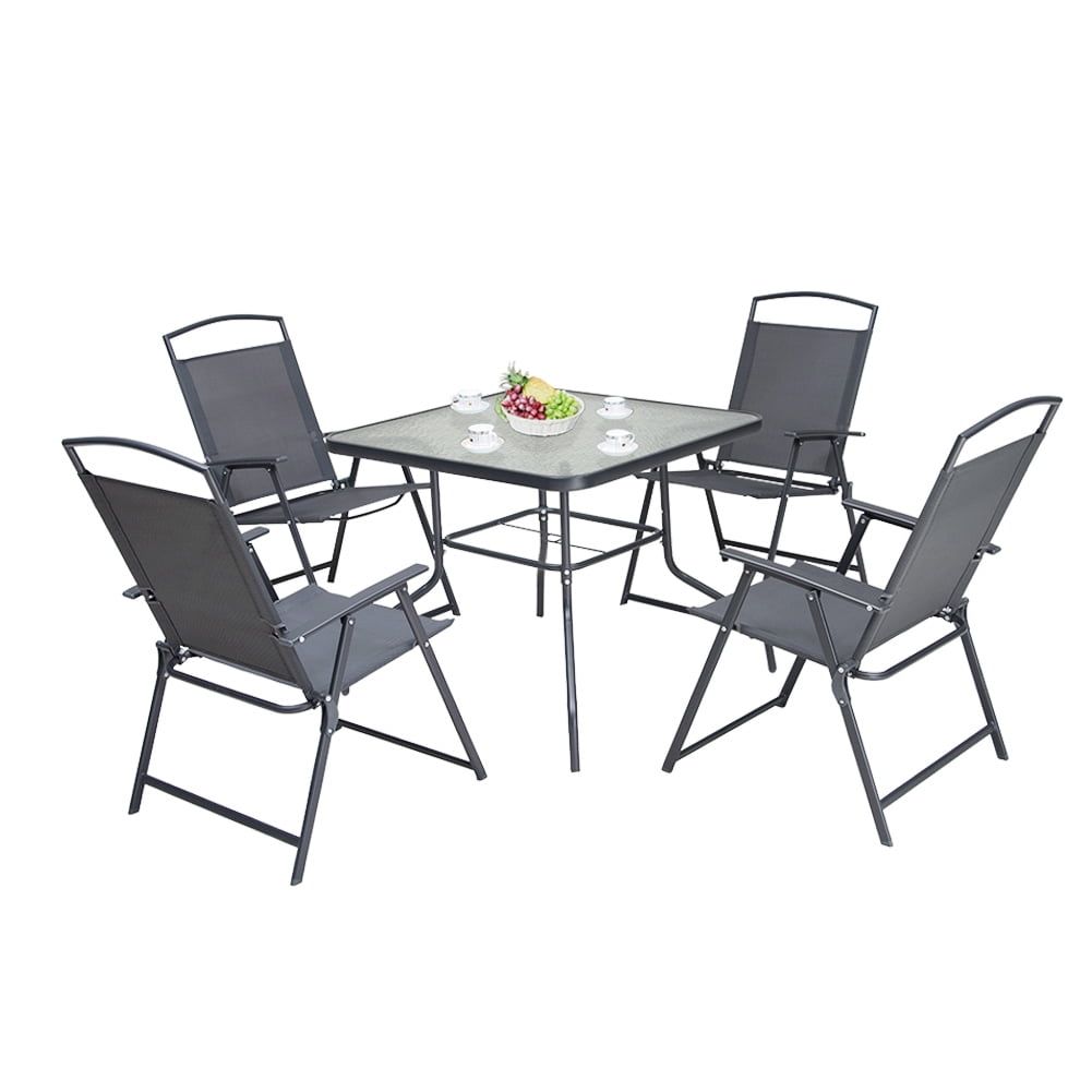 Gray 5-Piece Steel Patio Dining Set with Folding Chairs