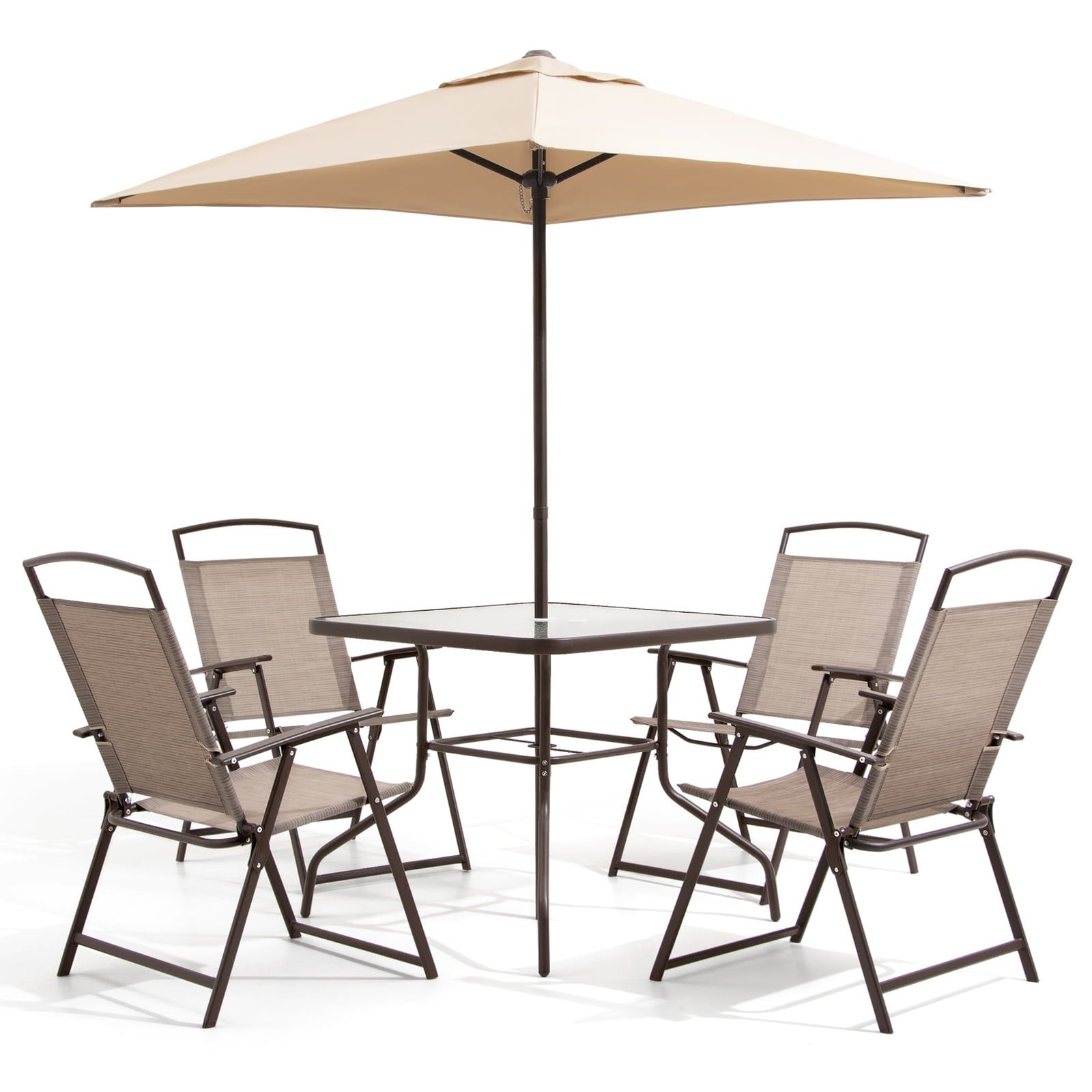 Beige 6-Piece Steel and Glass Outdoor Dining Set with Umbrella