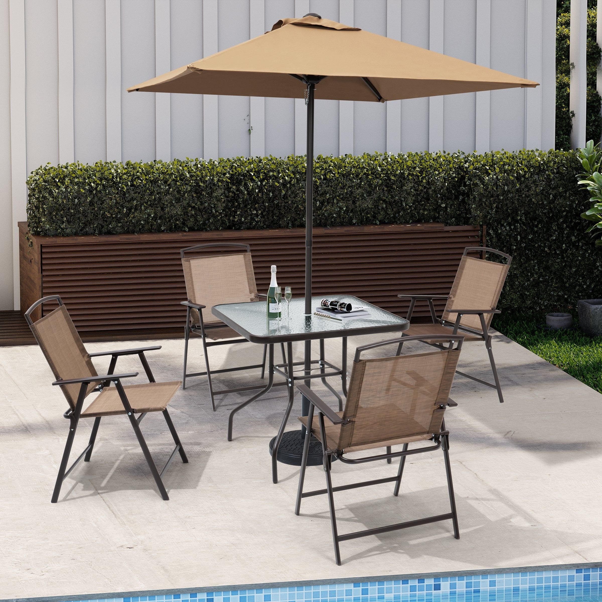 6-Piece Brown Steel and Glass Outdoor Dining Set with Tan Umbrella