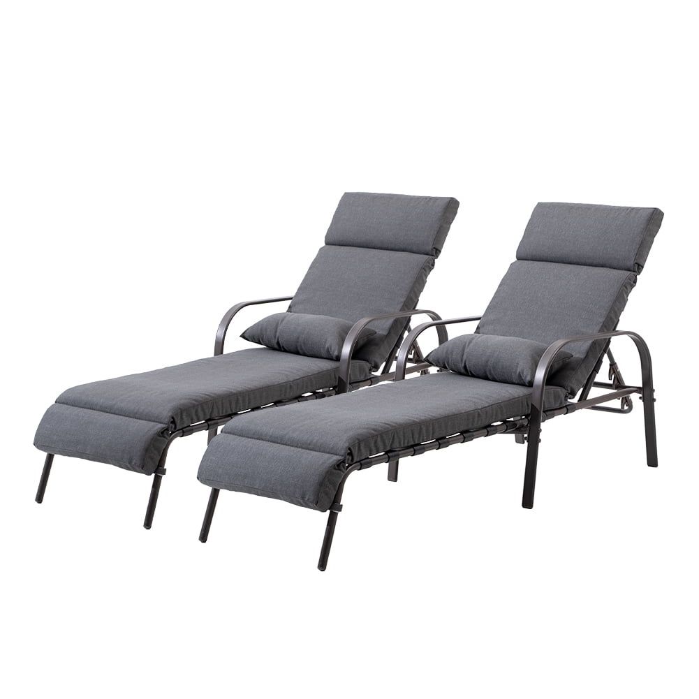 Dark Gray Adjustable Steel Chaise Lounge Chairs with Cushions, Set of 2