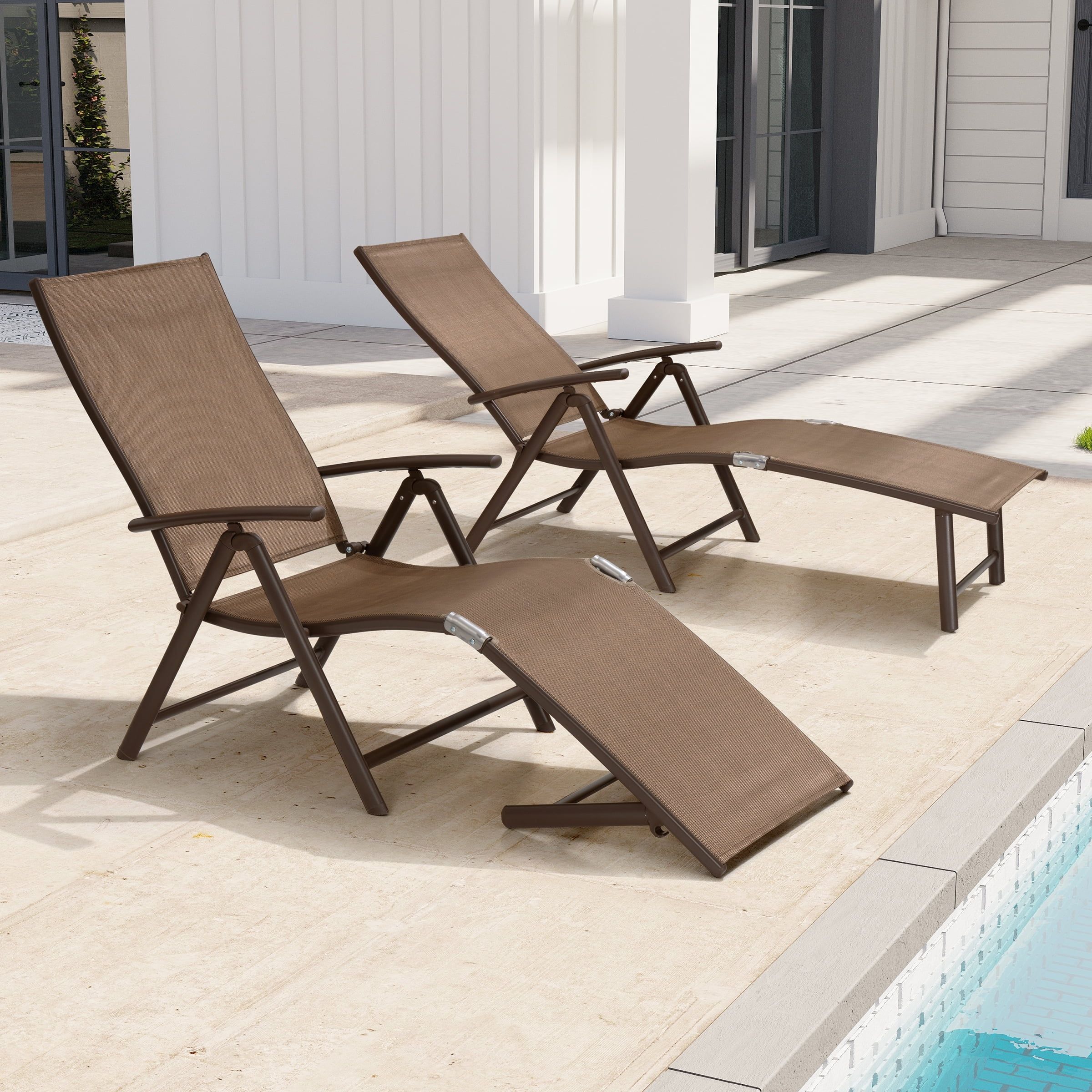 Brown Aluminum Folding Chaise Lounge Set with Arms