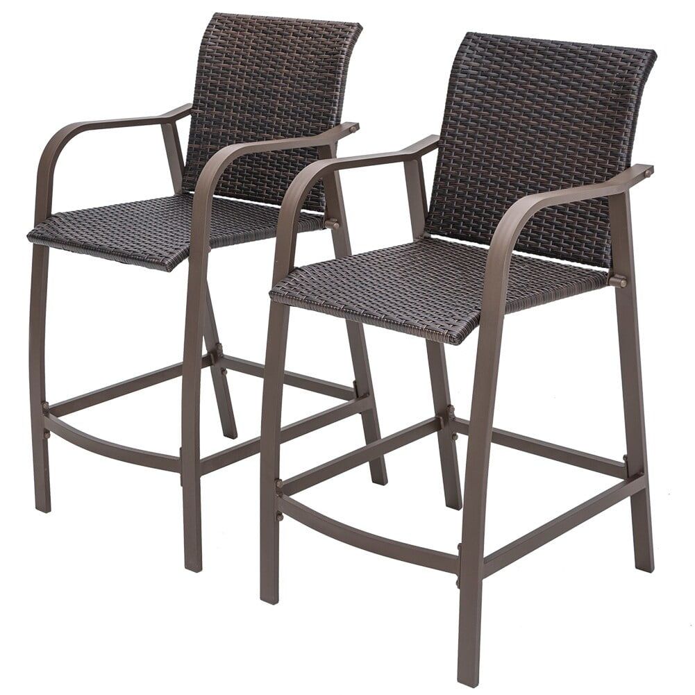 Antique Brown Outdoor Wicker Bar Stools with Aluminum Frame, Set of 2