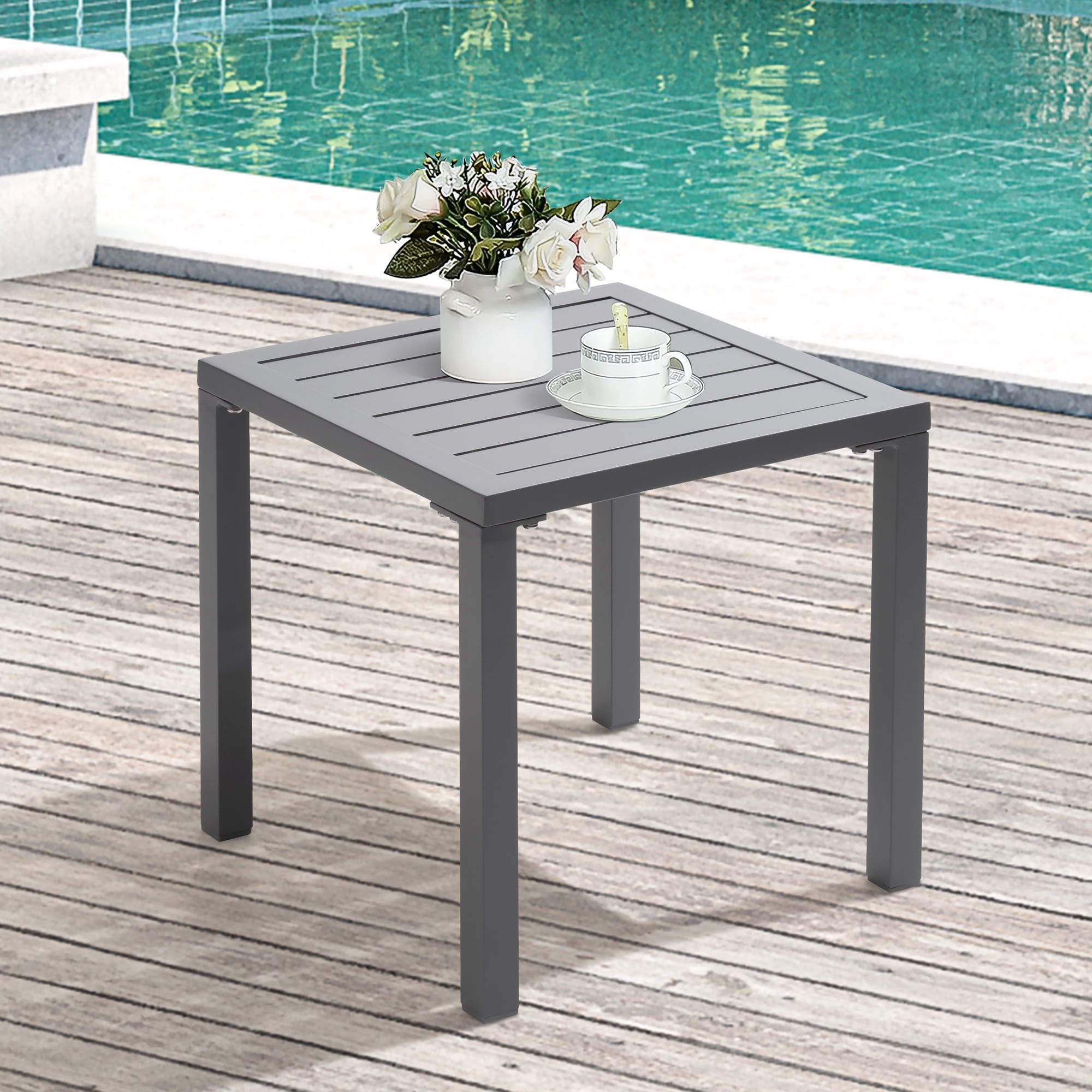 Light Gray Aluminum Square Outdoor End Table, 15.7"
