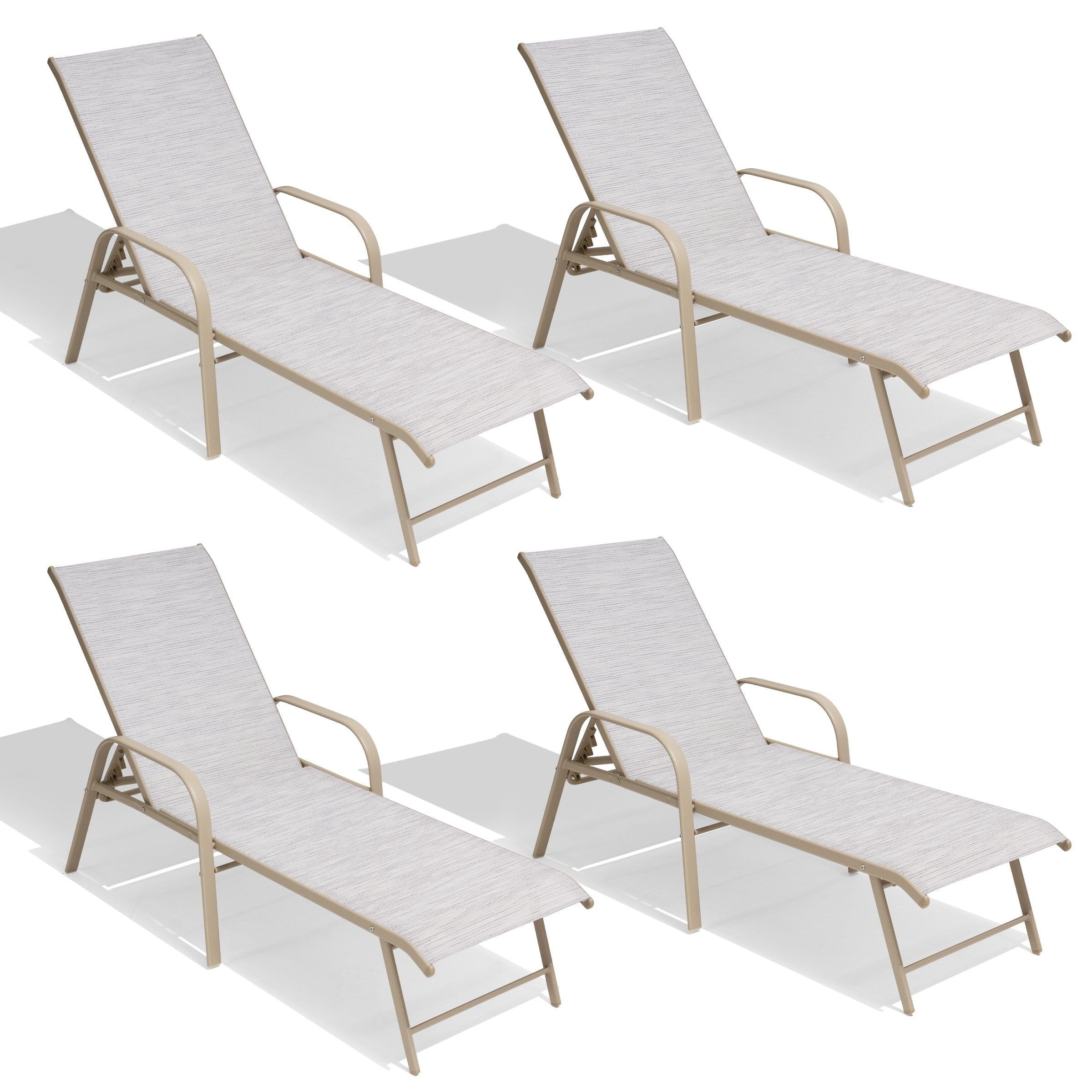 Beige Aluminum Adjustable Chaise Lounge Chairs with Arms, Set of 4