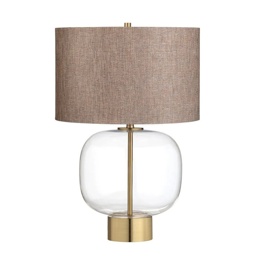 28.25" Clear Glass Table Lamp with Antiqued Gold Accents and Brown Linen Shade