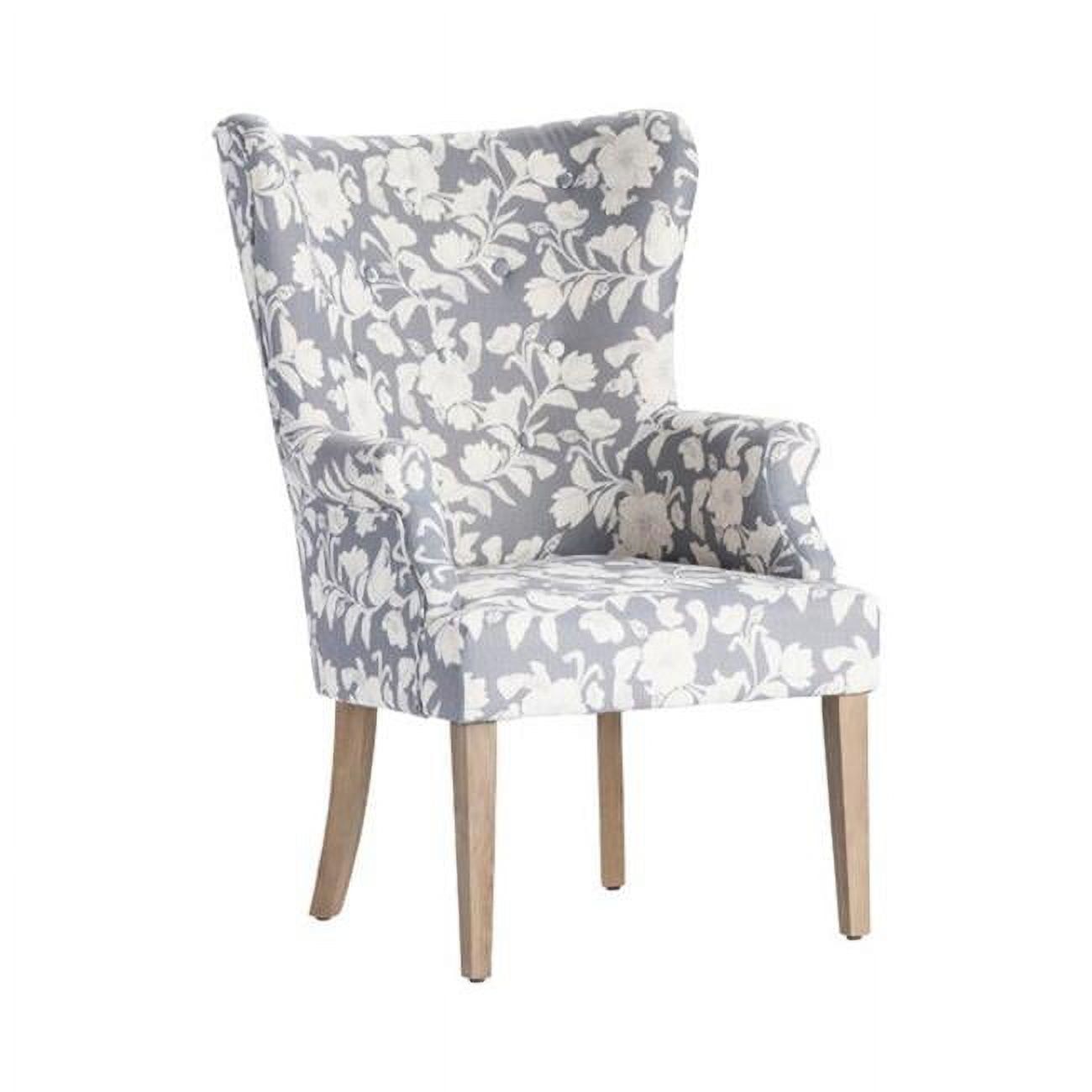 Gray Floral Fabric Wingback Accent Chair with Birch Legs