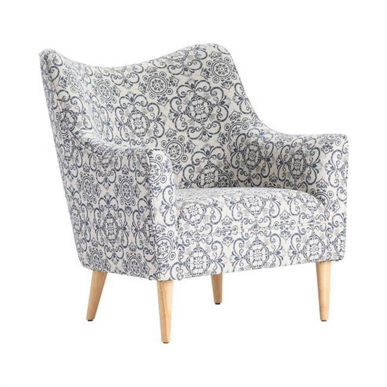 Blue Patterned Upholstered Accent Chair with Light Brown Legs