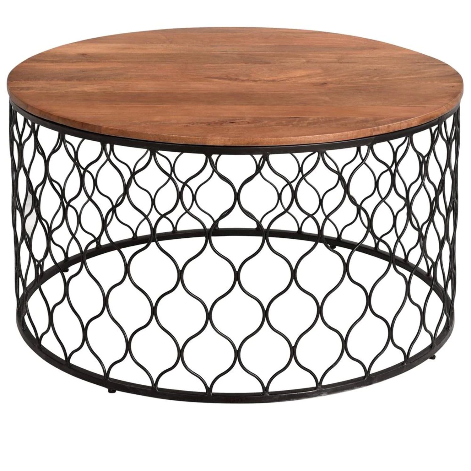 Transitional Mango Wood & Iron Round Coffee Table with Natural Finish