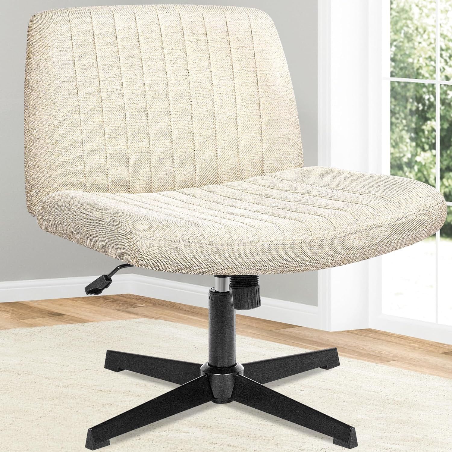 Beige Fabric Armless Swivel Office Chair with Black Base