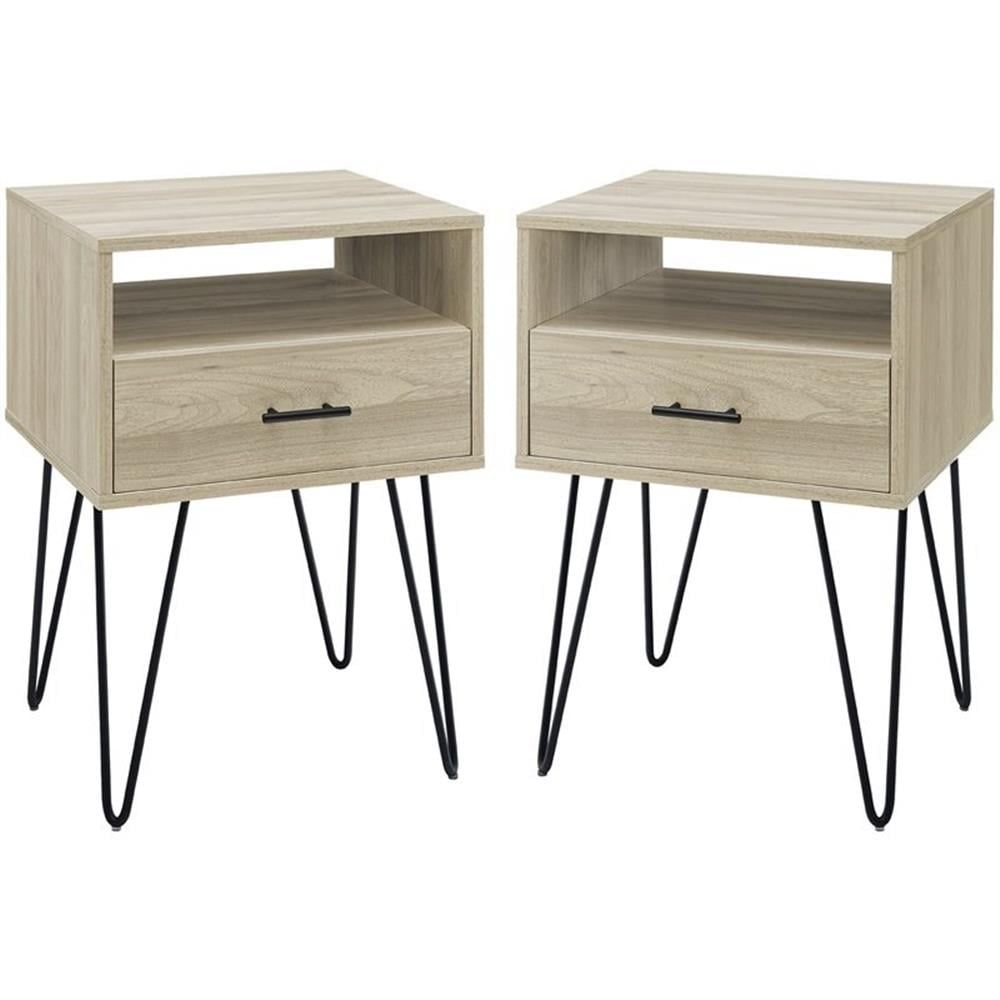 Birch Wood Mid-Century Modern Hairpin Leg End Tables with Storage