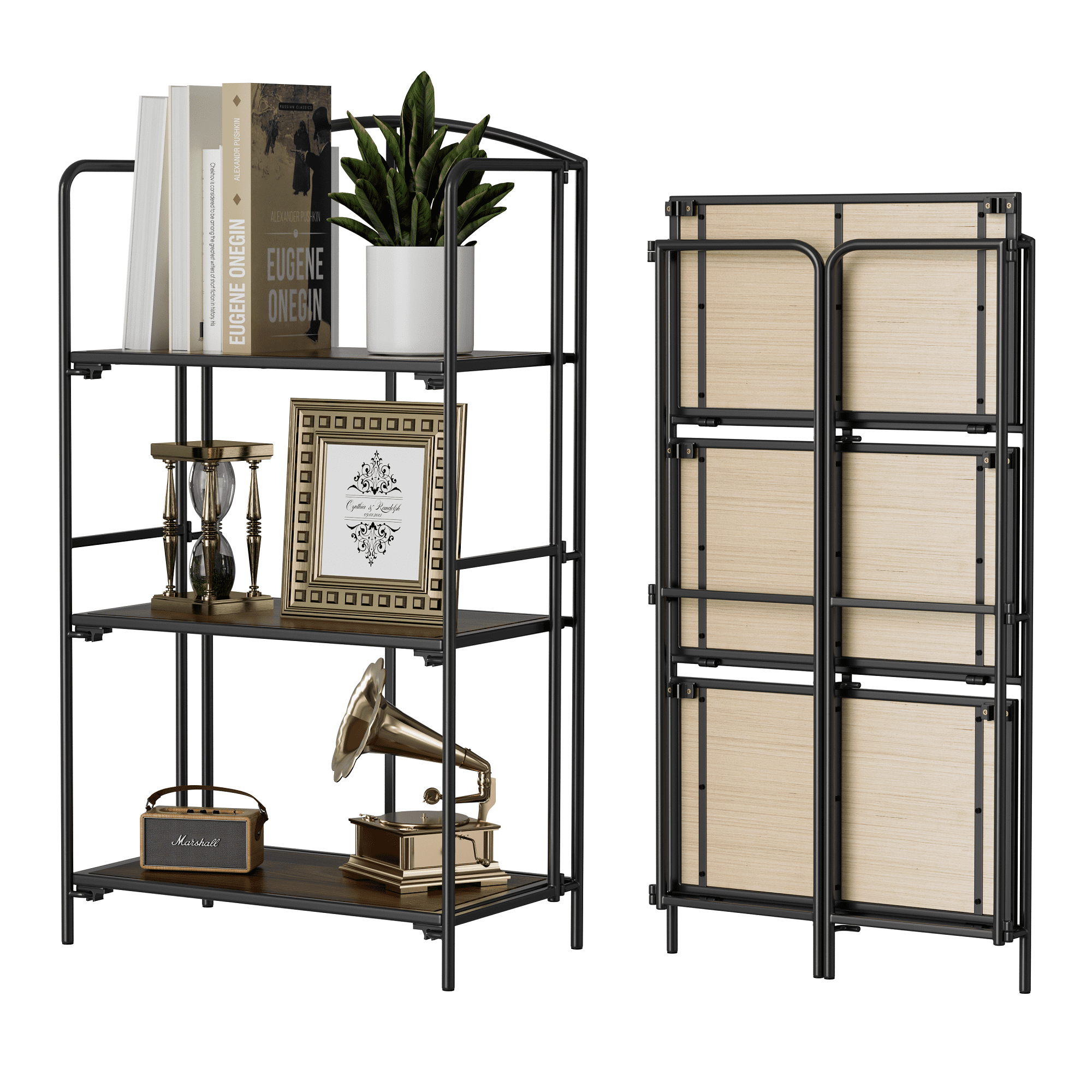 Black and Oak 3-Tier Folding Metal Bookshelf