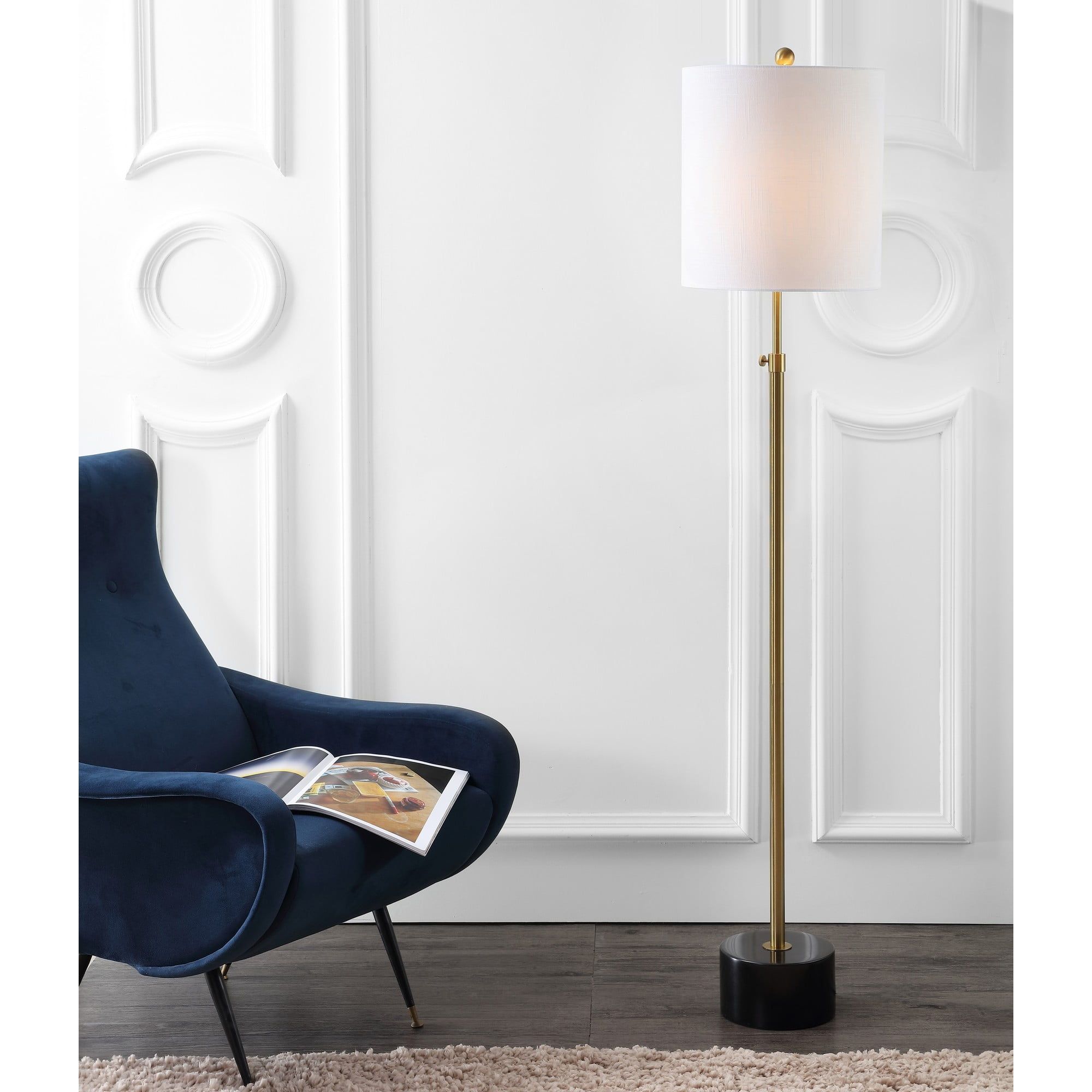 Elegant Brass and Black Marble Adjustable Floor Lamp with Linen Shade