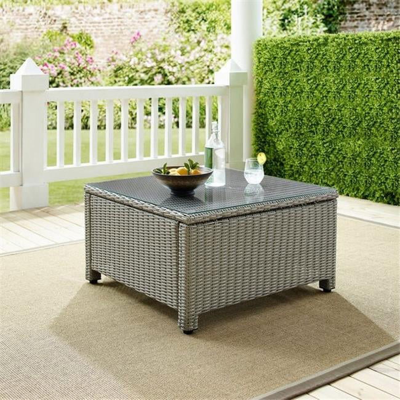 Bradenton 32" Square Gray Tempered Glass Top Outdoor Wicker Coffee Table