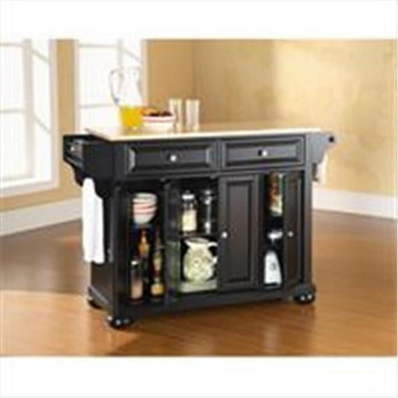 Alexandria Black Solid Hardwood Kitchen Island with Natural Wood Top