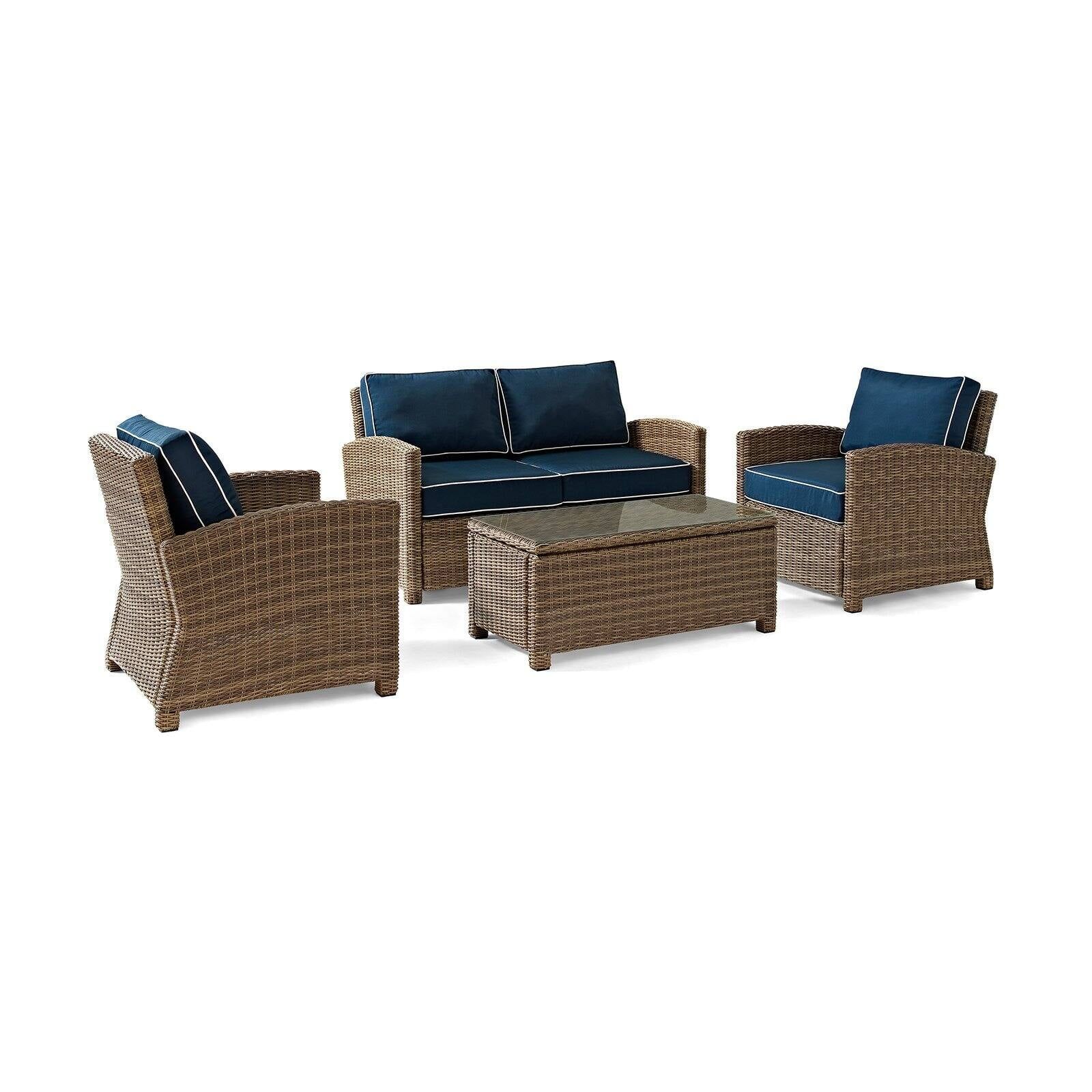 Navy and Brown 4-Piece Wicker Patio Loveseat Set