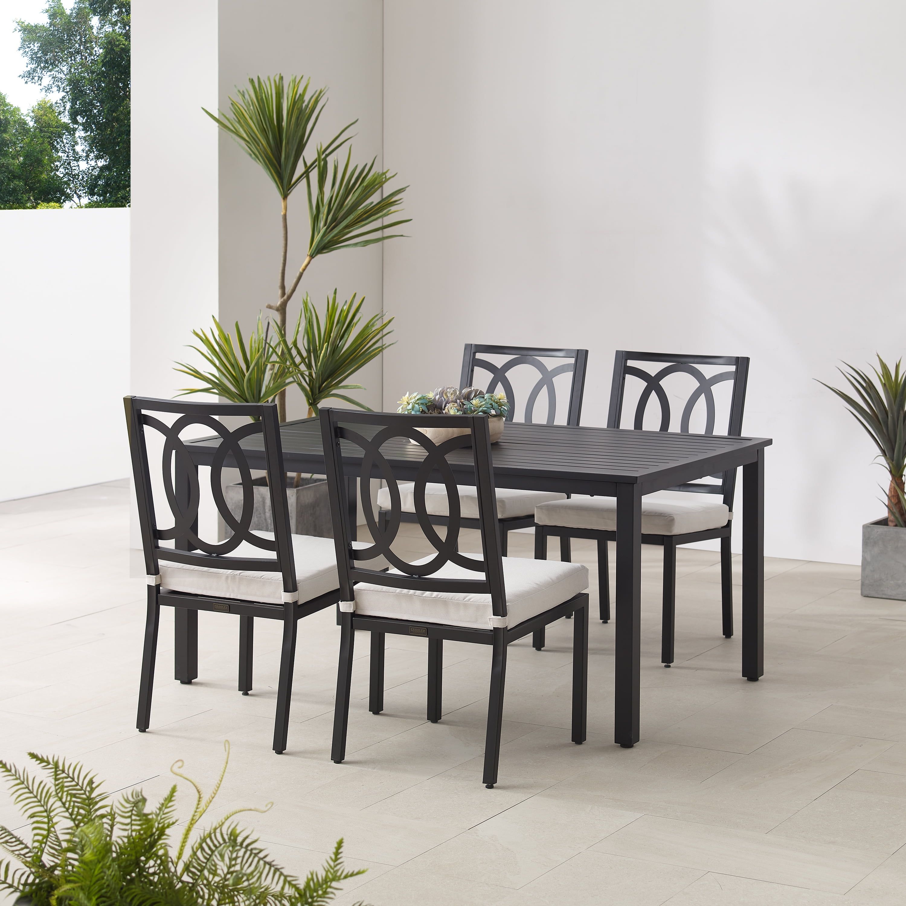 Chambers 5-Piece Black Metal Outdoor Dining Set with Cream Cushions