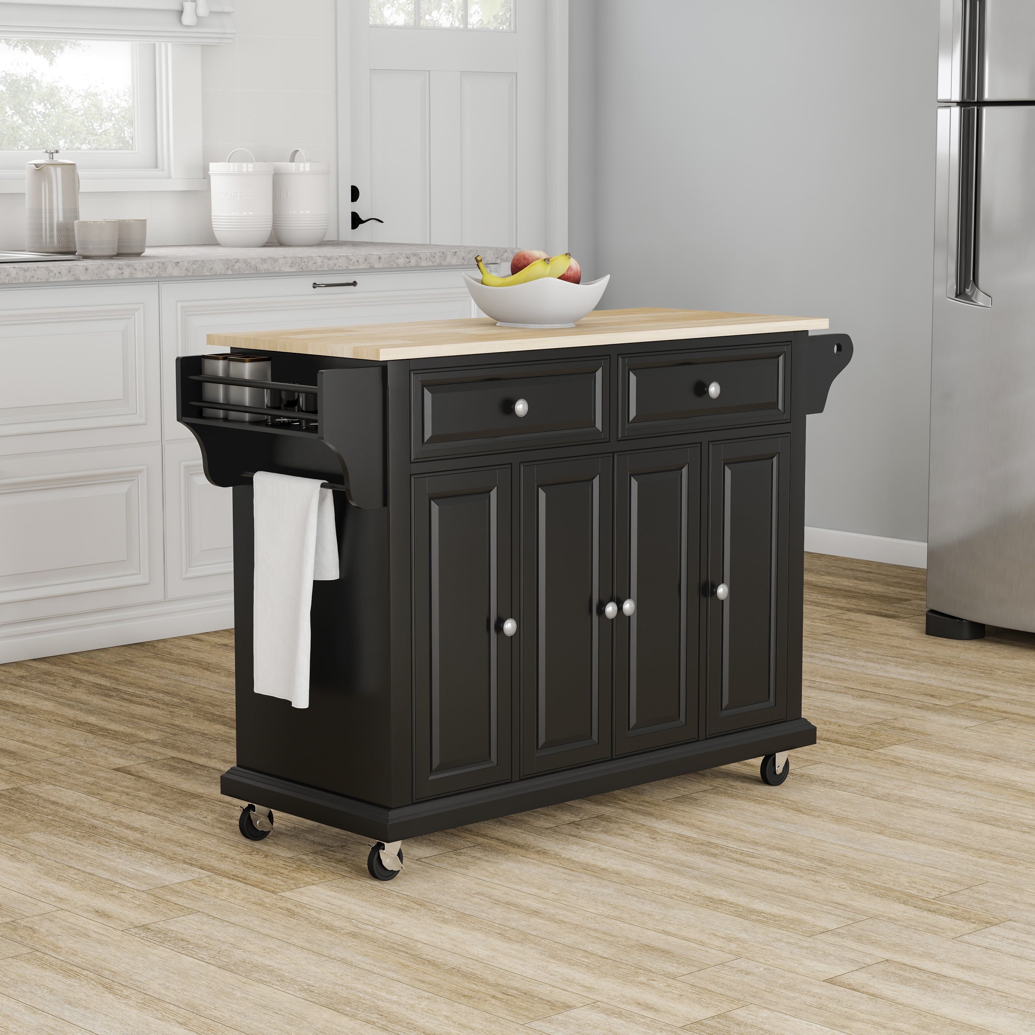 Cambridge 46" Black Kitchen Island with Natural Wood Top and Storage