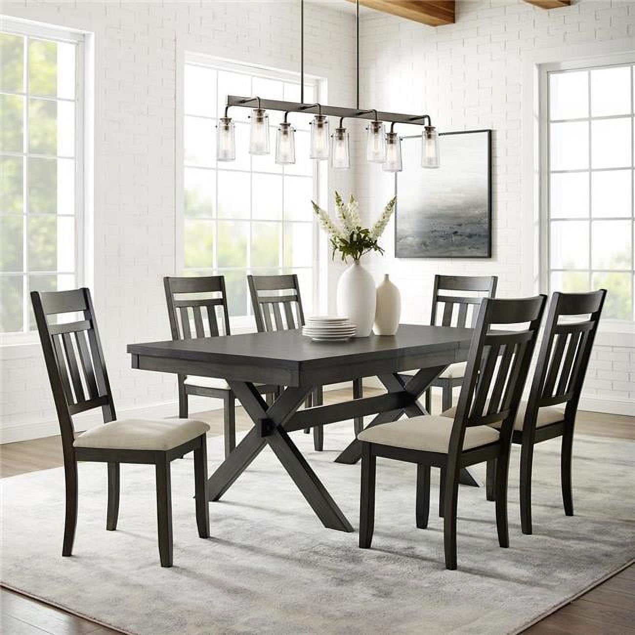 Hayden Slate 7-Piece Dining Set with Creme Linen Chairs