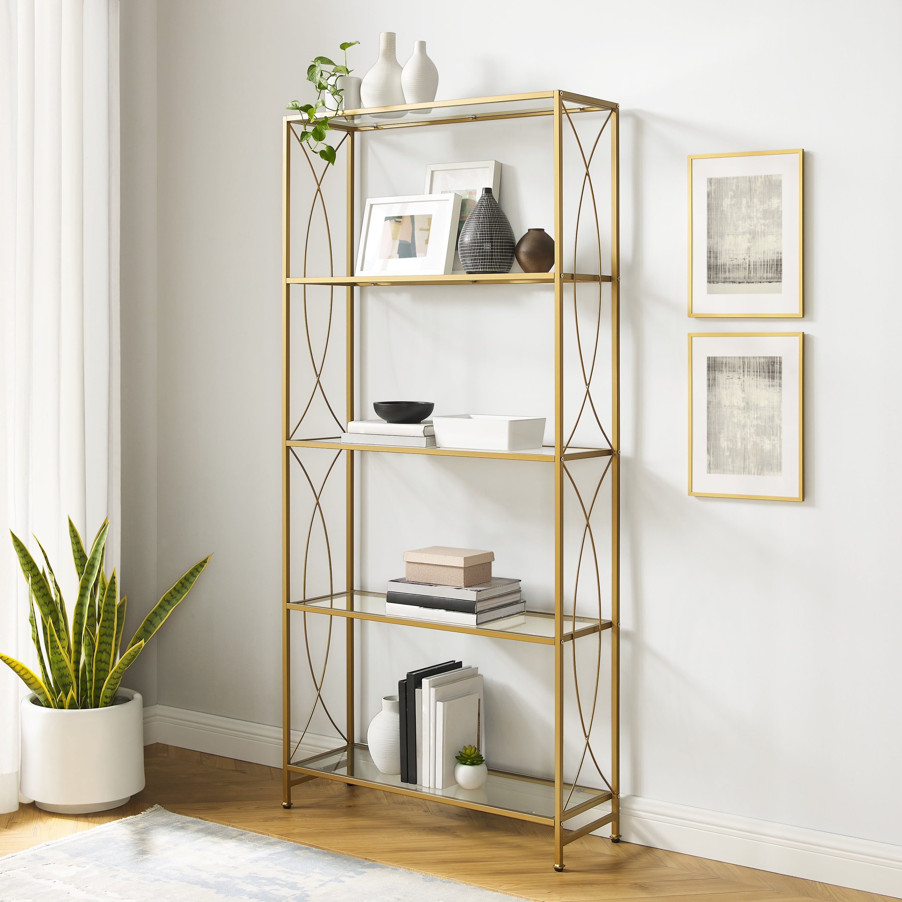 Gold Finish Steel and Glass Etagere with Latticework