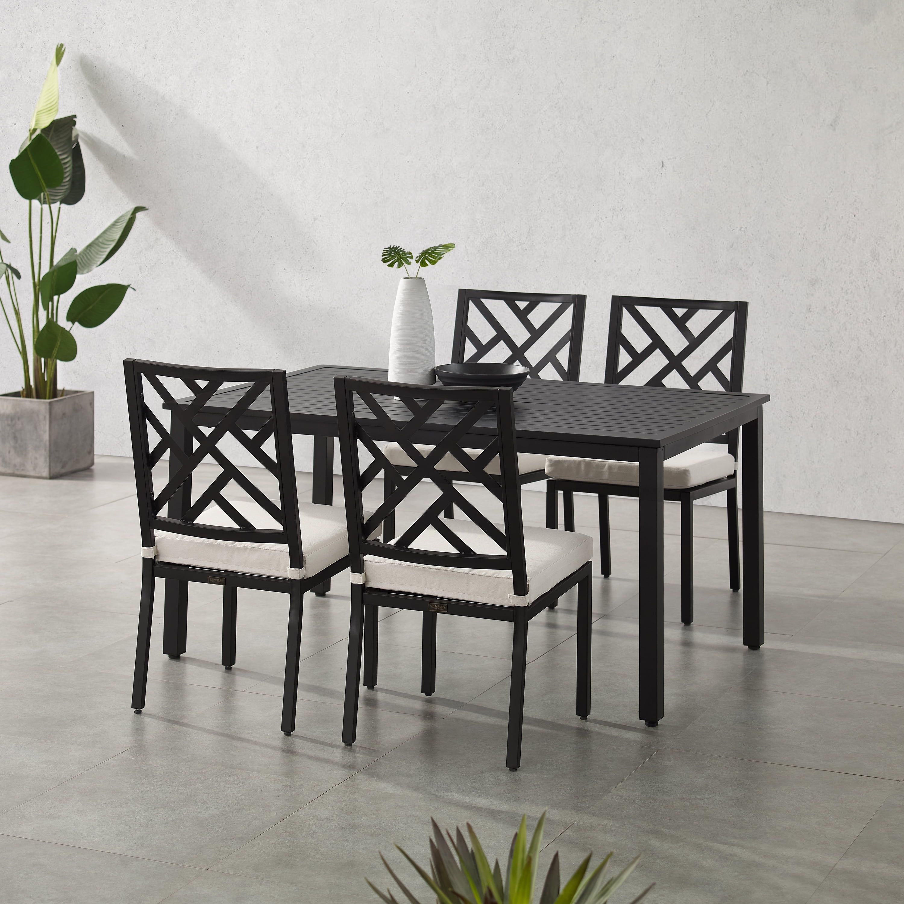 Locke 5-Piece Black Steel Outdoor Dining Set with Cream Cushions