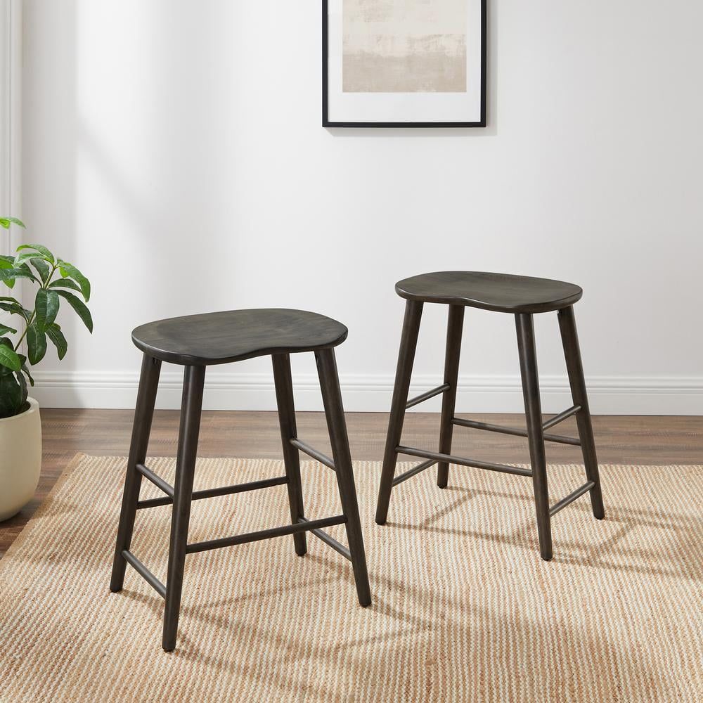 Gray Wood Backless Saddle Style Counter Stools, Set of 2