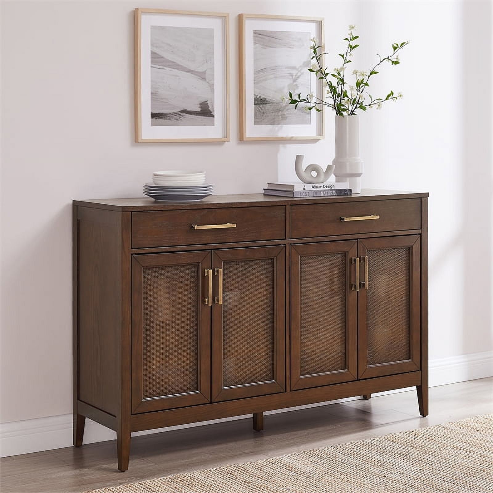 Milo Dark Brown Wood Sideboard with Rattan Panels