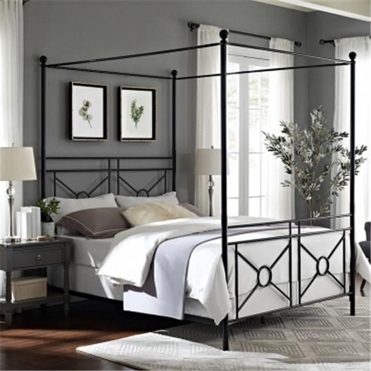 Montgomery Black Metal Frame Queen Canopy Bed with Headboard