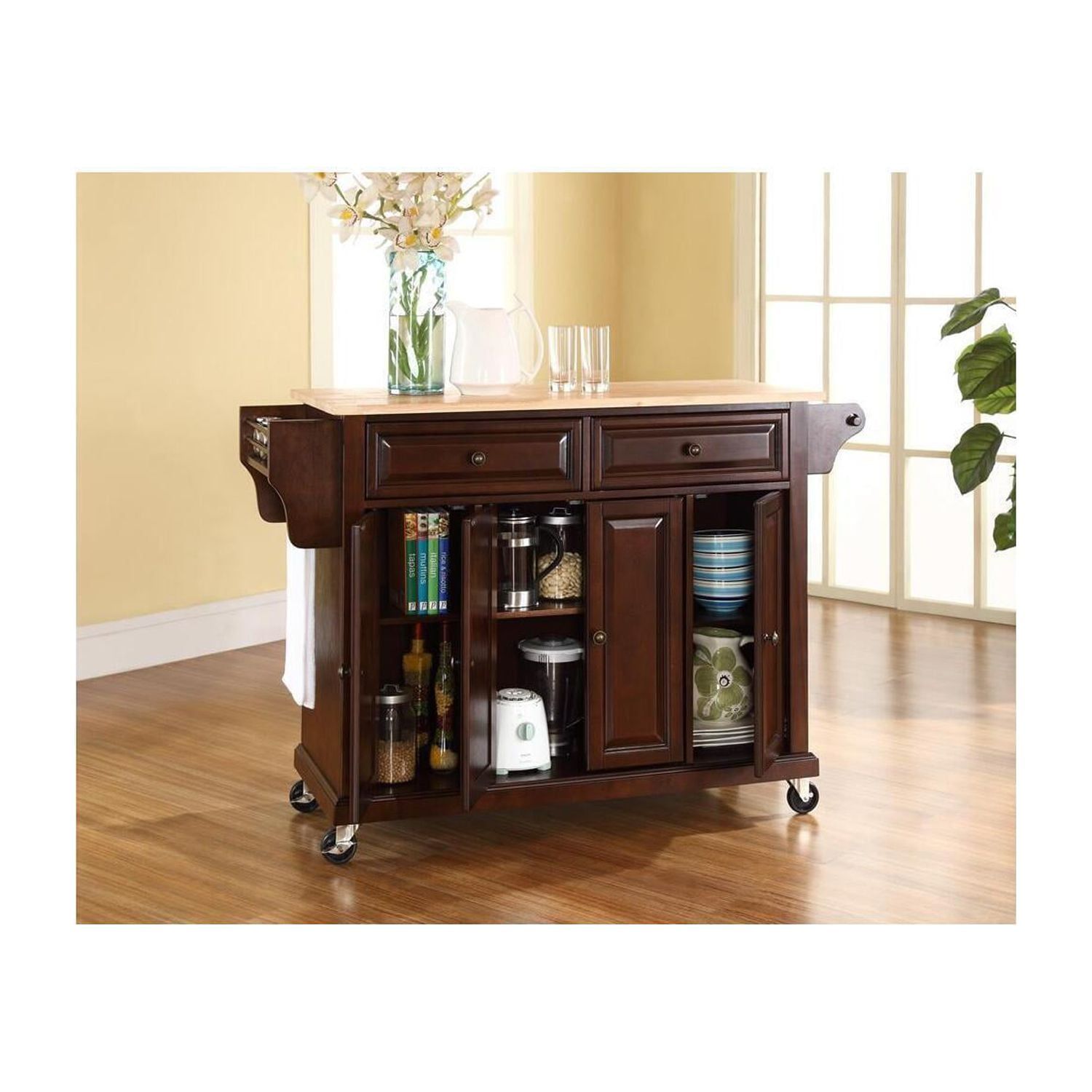 Mahogany Rectangular Granite Top Kitchen Cart with Spice Rack and Storage