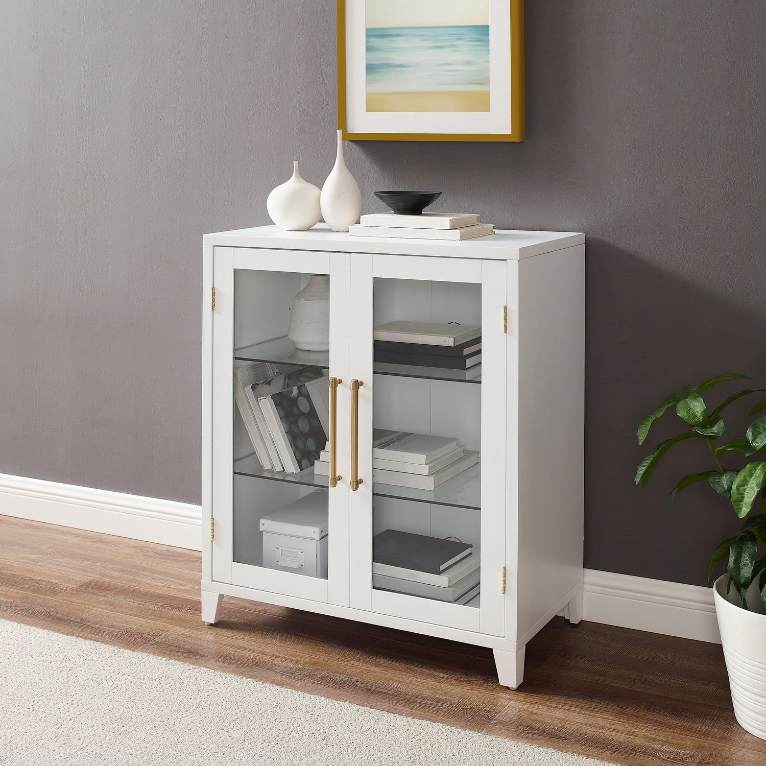 White Glass Door Kitchen Pantry Storage Cabinet with Gold Hardware