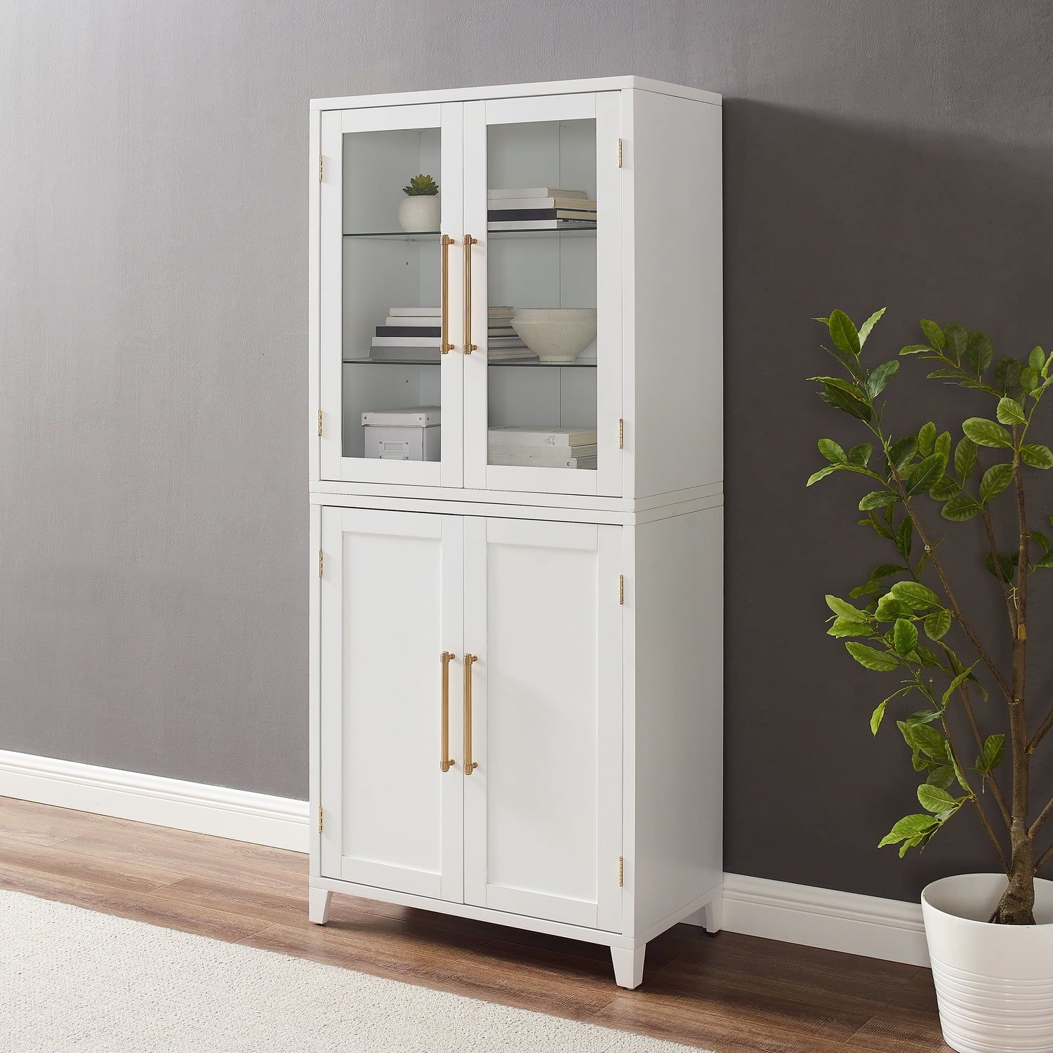 White and Gold Glass Door Curio Cabinet with Adjustable Shelves