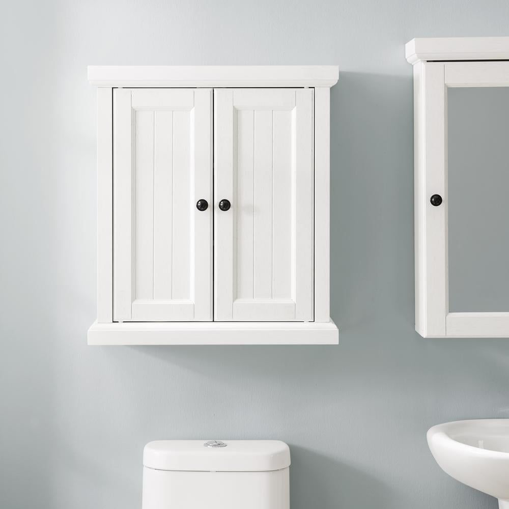 Seaside Distressed White Wall Cabinet with Beadboard Doors