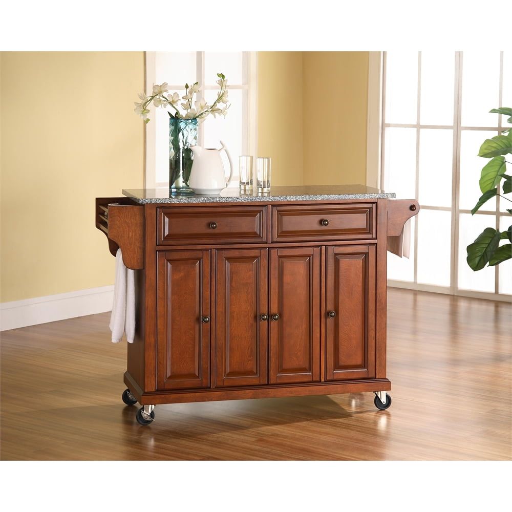 Cherry Granite Top Kitchen Cart with Spice Rack and Storage