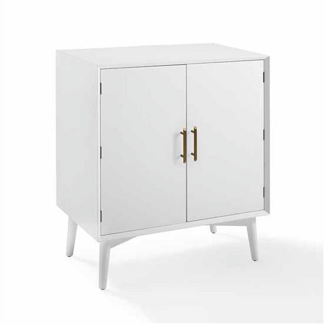 Landon Mid-Century White Bar Cabinet with Antique Brass Handles