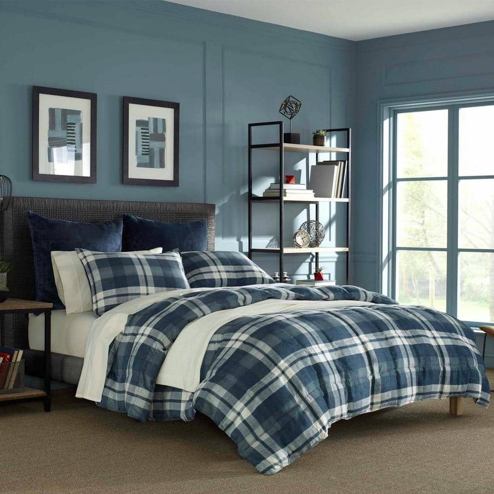 Navy Plaid Microfiber Twin Comforter Set with Sham