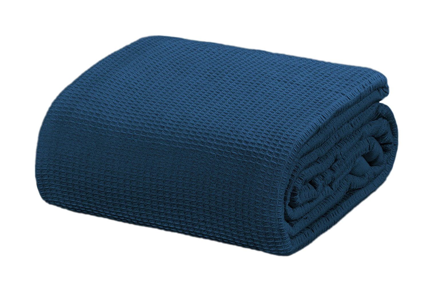 Deep Blue Cotton Waffle Knit Queen Blanket